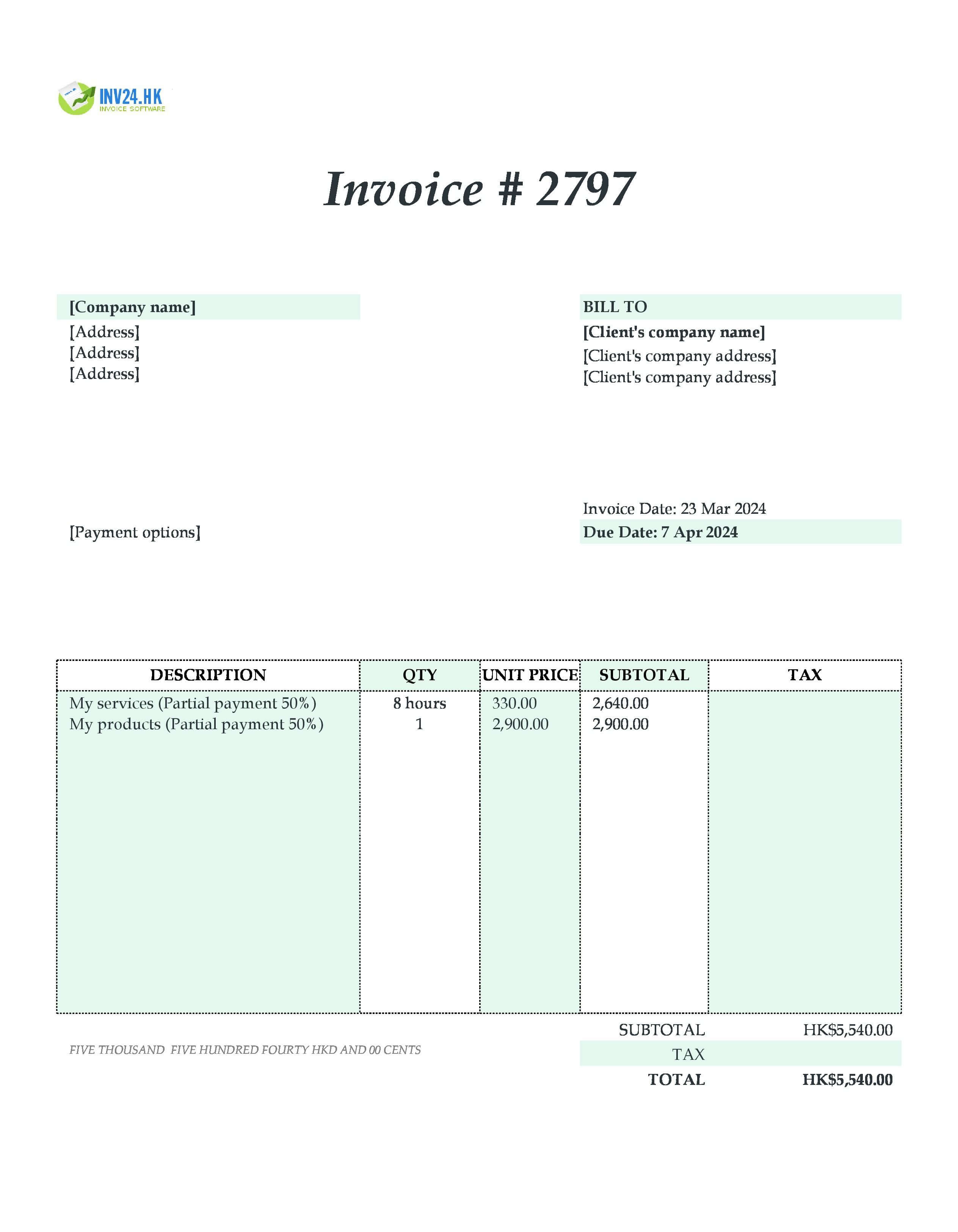 partial payment invoice template Hong Kong