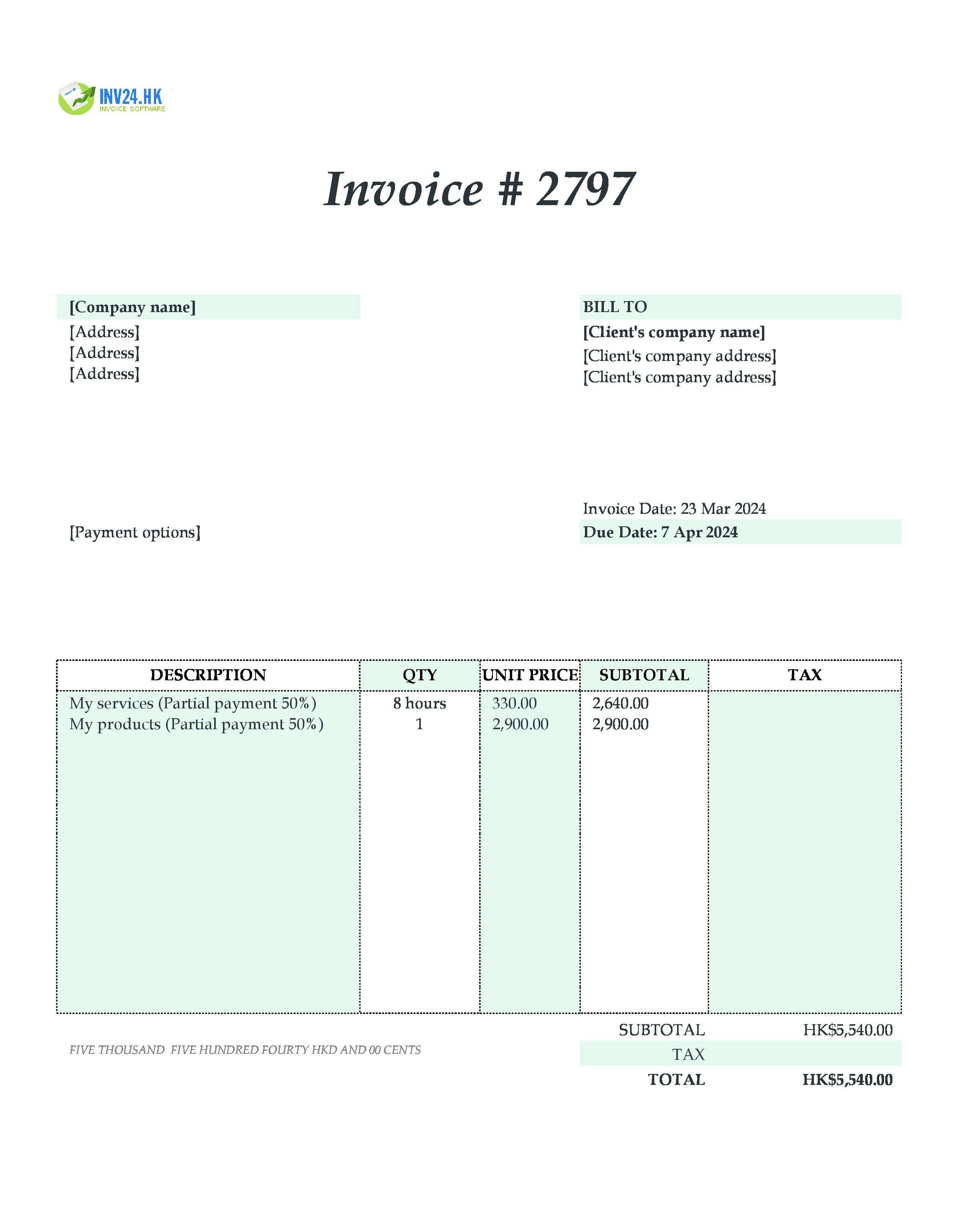 Partial Payment Invoice Template Hong Kong (Excel / Google Sheets)