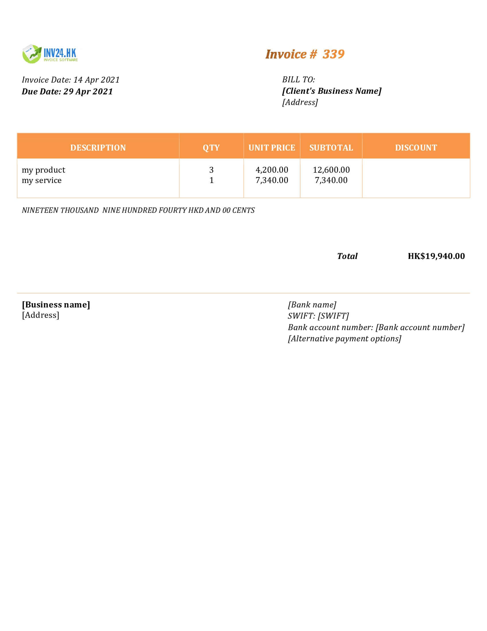 personal invoice template hk