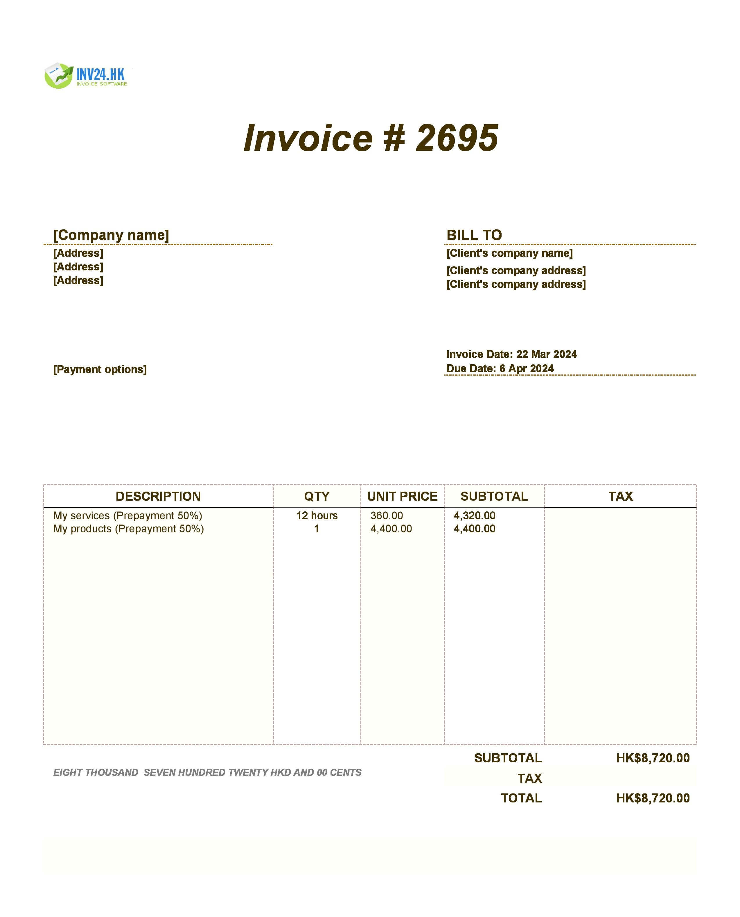 Prepayment Invoice Template Hong Kong (Excel / Google Sheets)