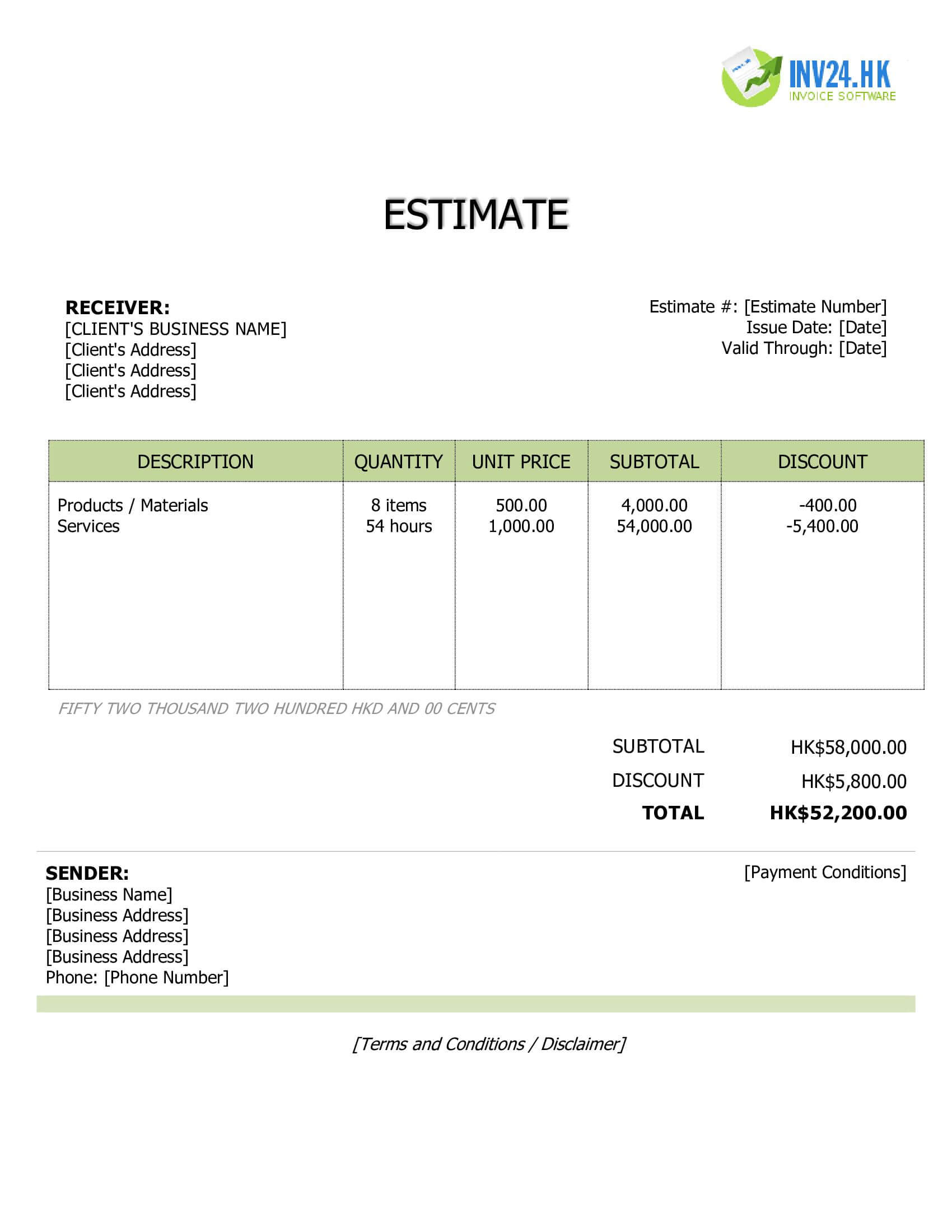 Price Estimate Template for Hong Kong (Word / Google Docs)