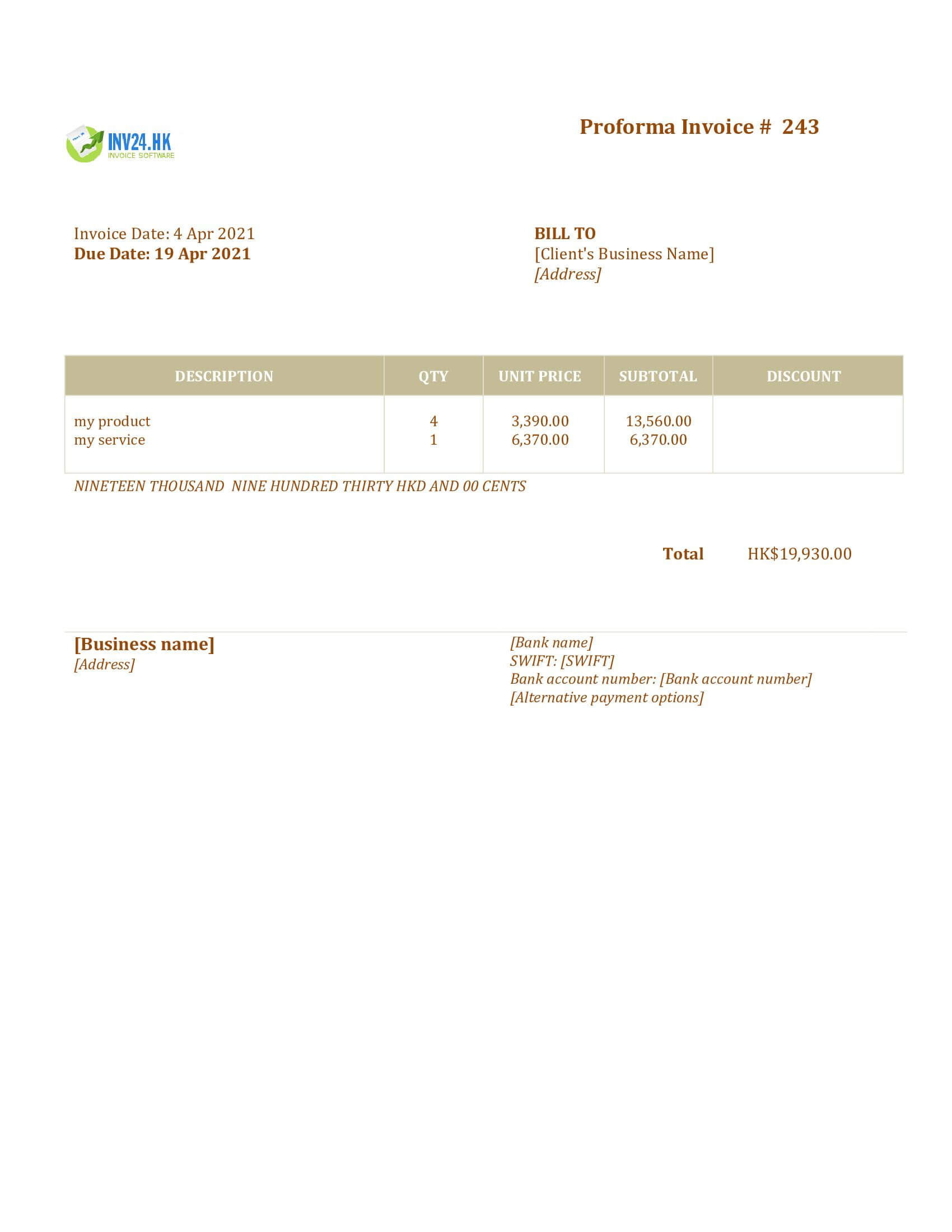 proforma invoice template hk