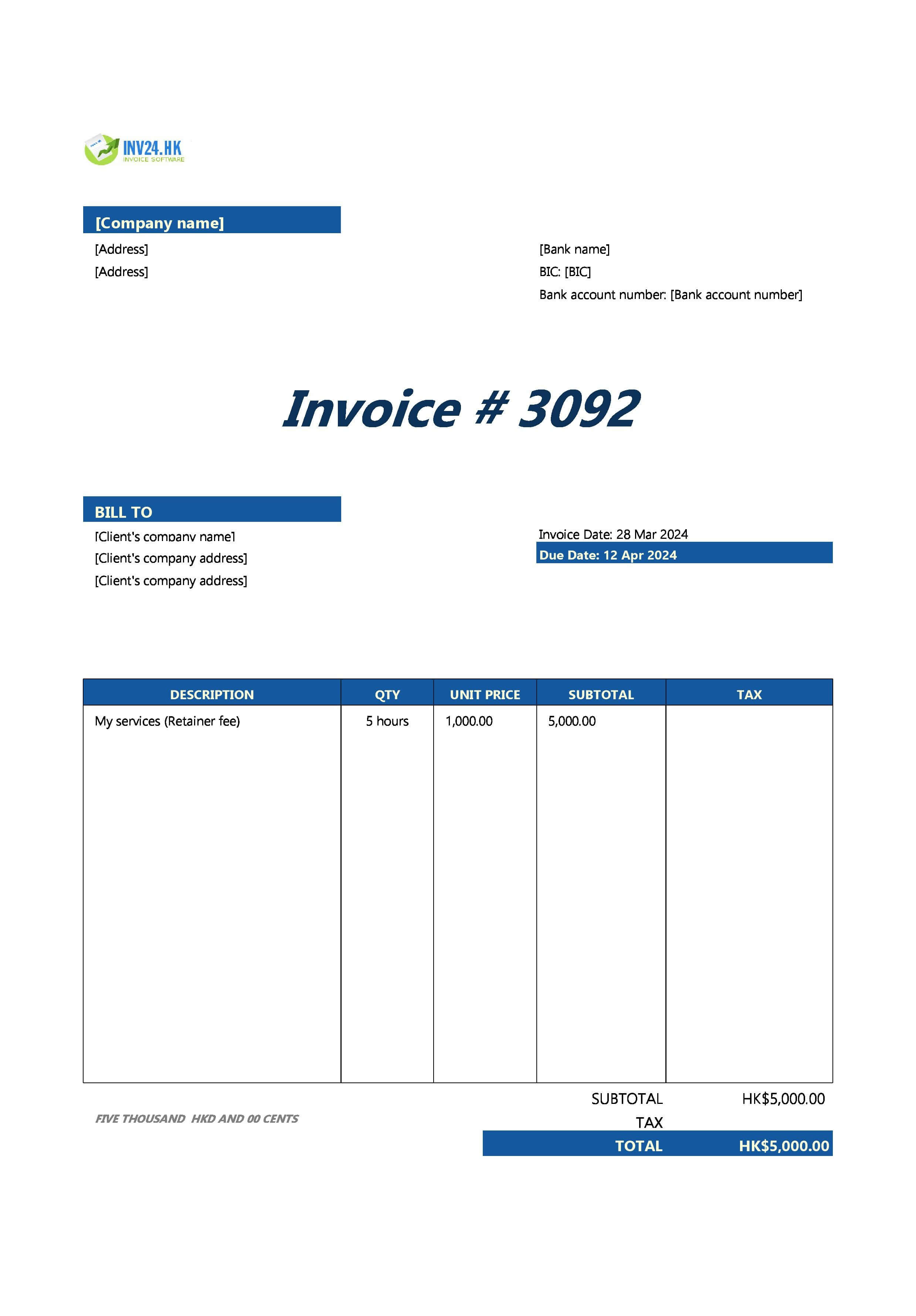 retainer invoice template Hong Kong