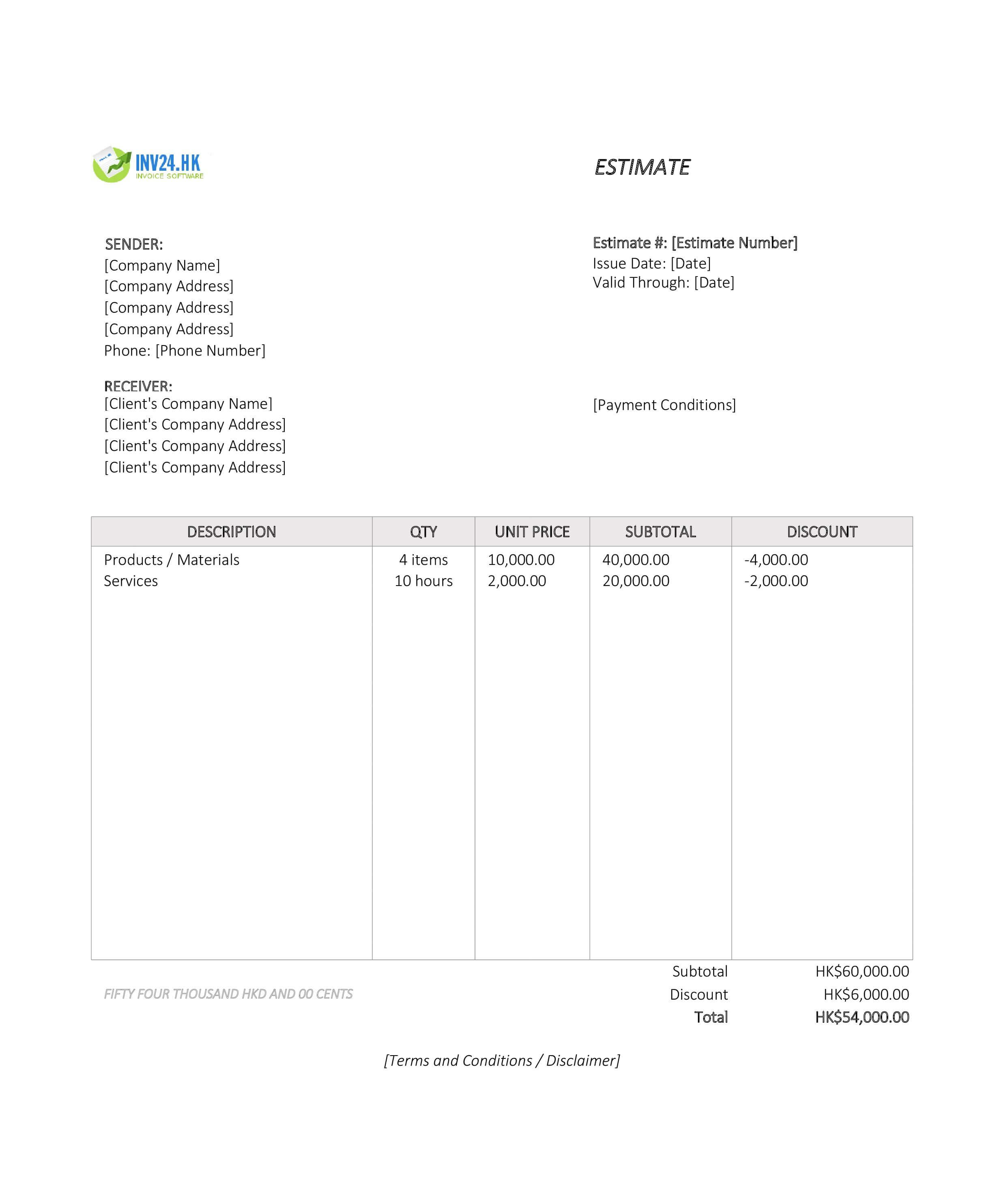Sample Estimate Template for Hong Kong (Excel / Google Sheets)