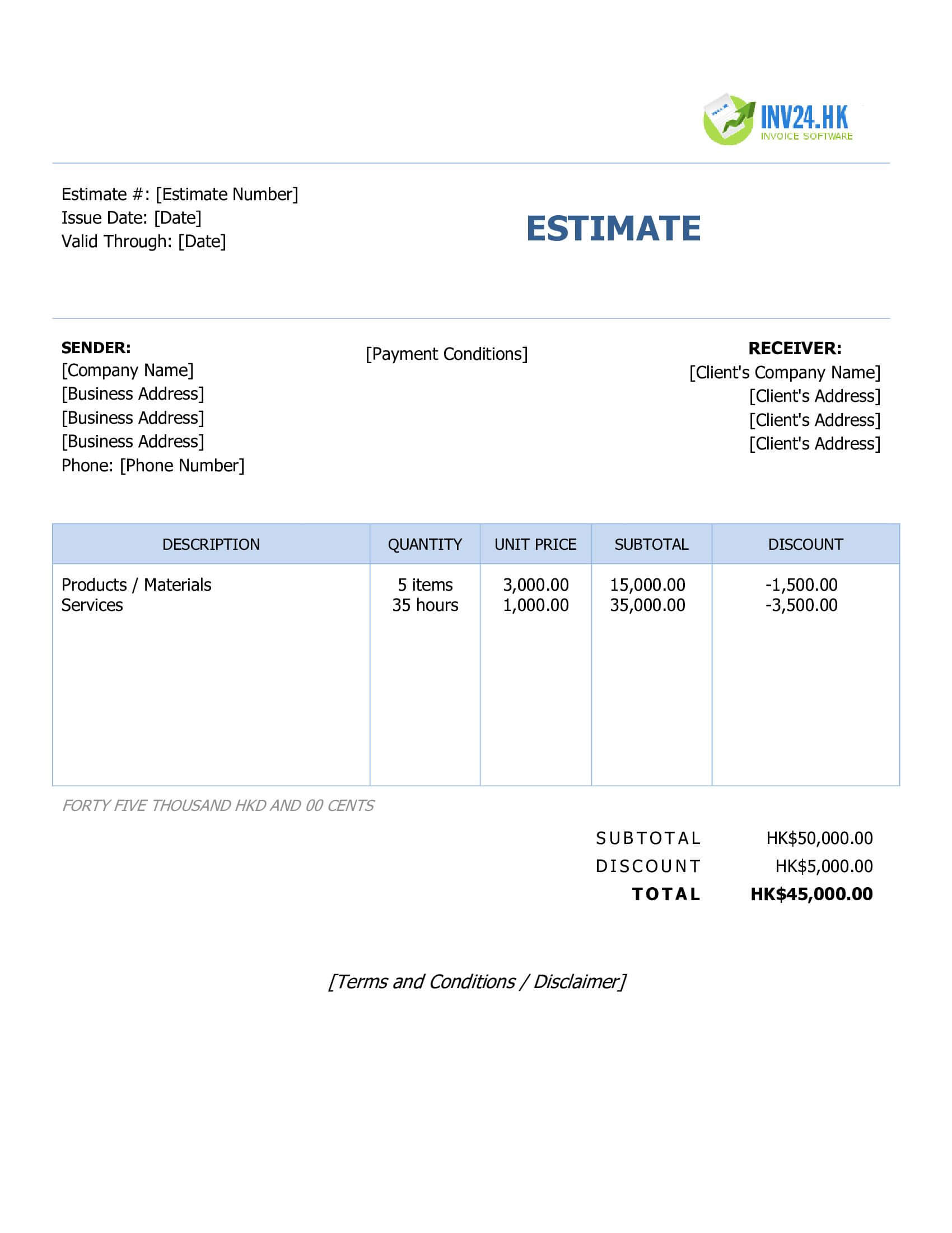 Simple Estimate Template for Hong Kong (Word / Google Docs)