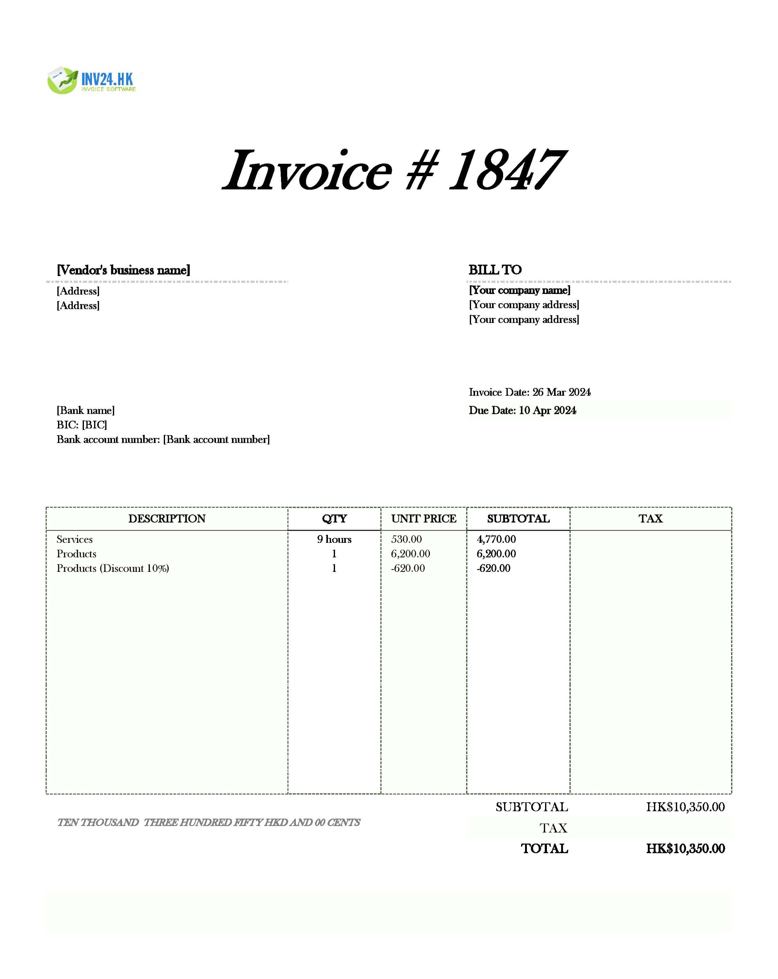 Vendor Invoice Template Hong Kong (Excel / Google Sheets)