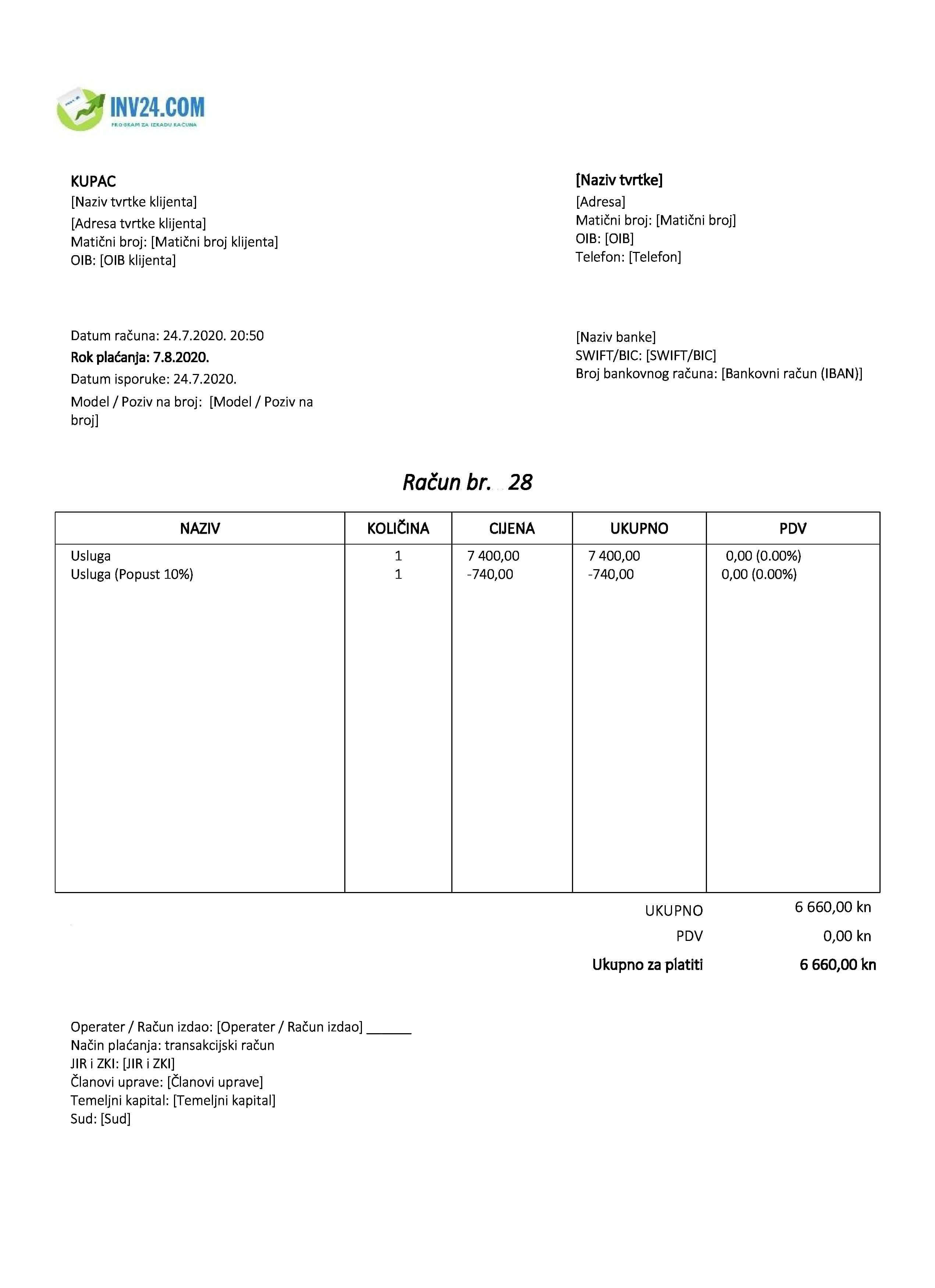 Račun (faktura) bez PDV primer (Excel / Google Sheets) Račun (faktura) bez PDV primer (Excel / Google Sheets)