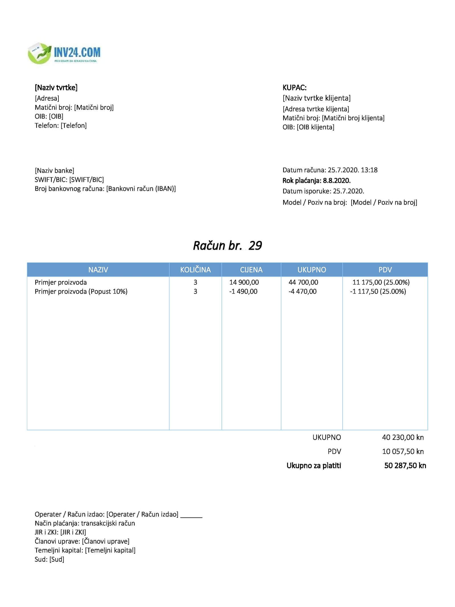 Izgled Računa (Fakture) Za Paušalni Obrt (Excel)