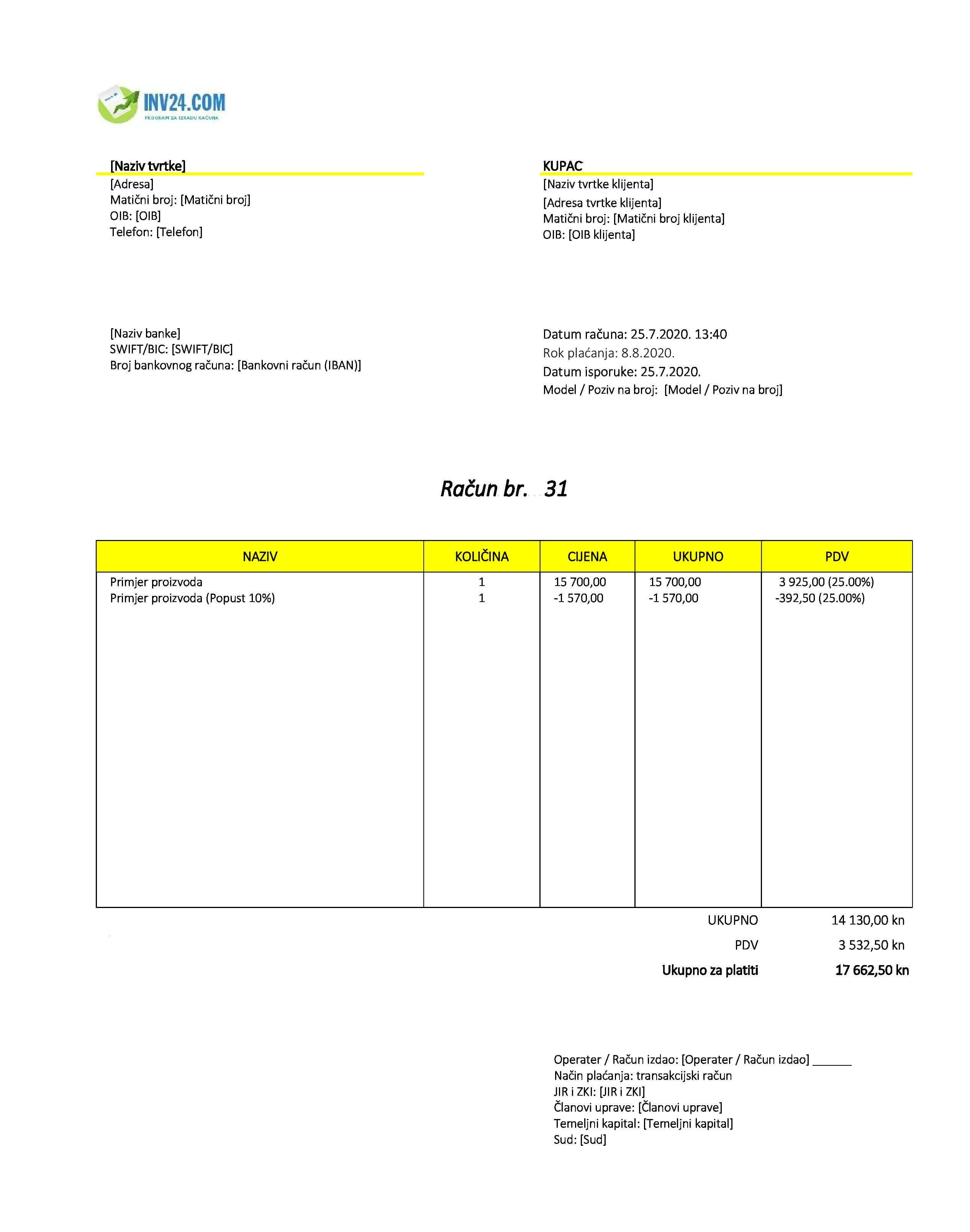 elementi računa (faktura) po zakonu o računovodstvu (Excel / Google Sheets)