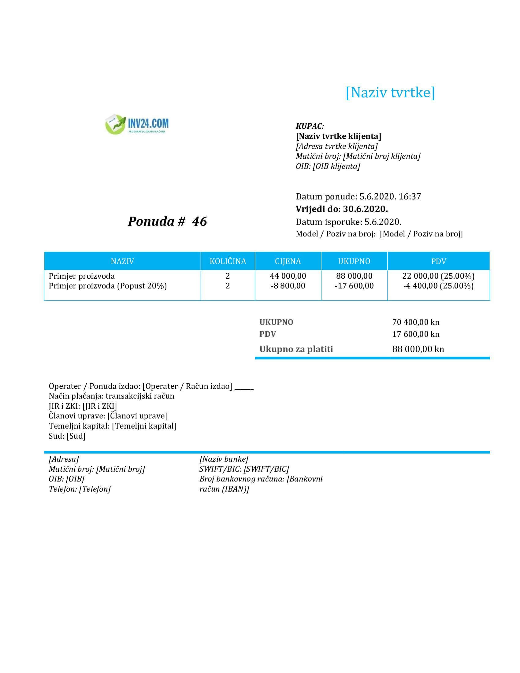 ponuda obrazac (Word / Google Docs)