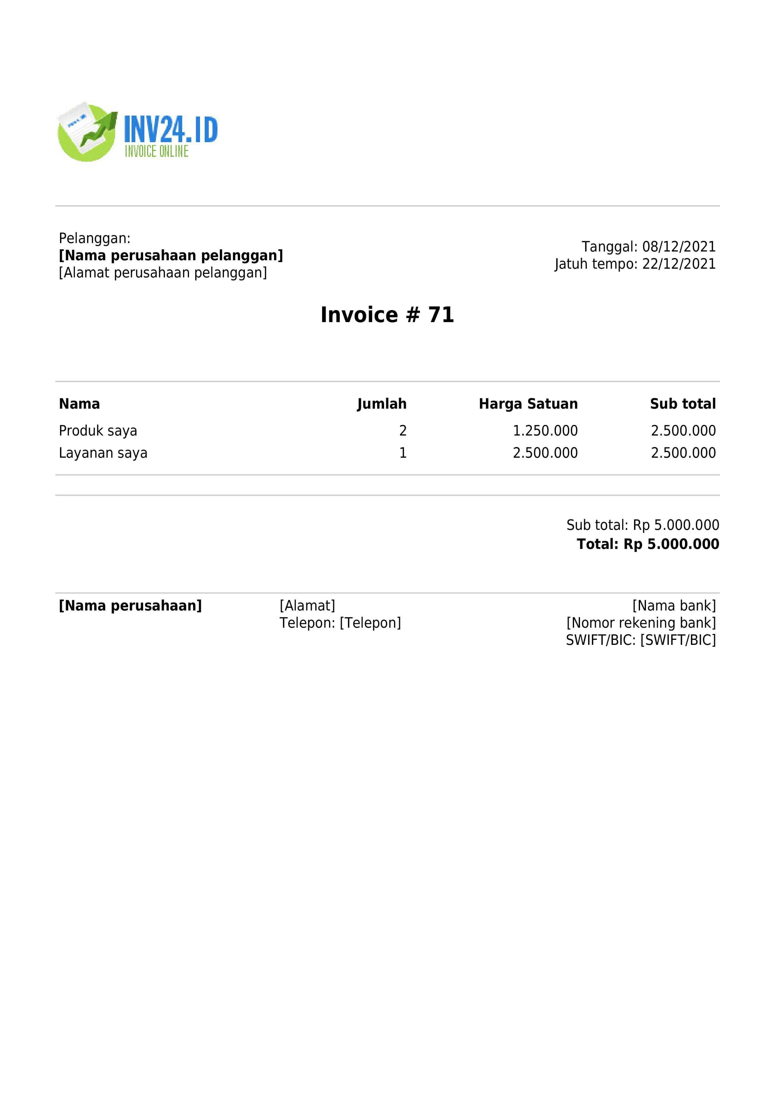 Contoh invoice dengan bidang wajib dan opsional