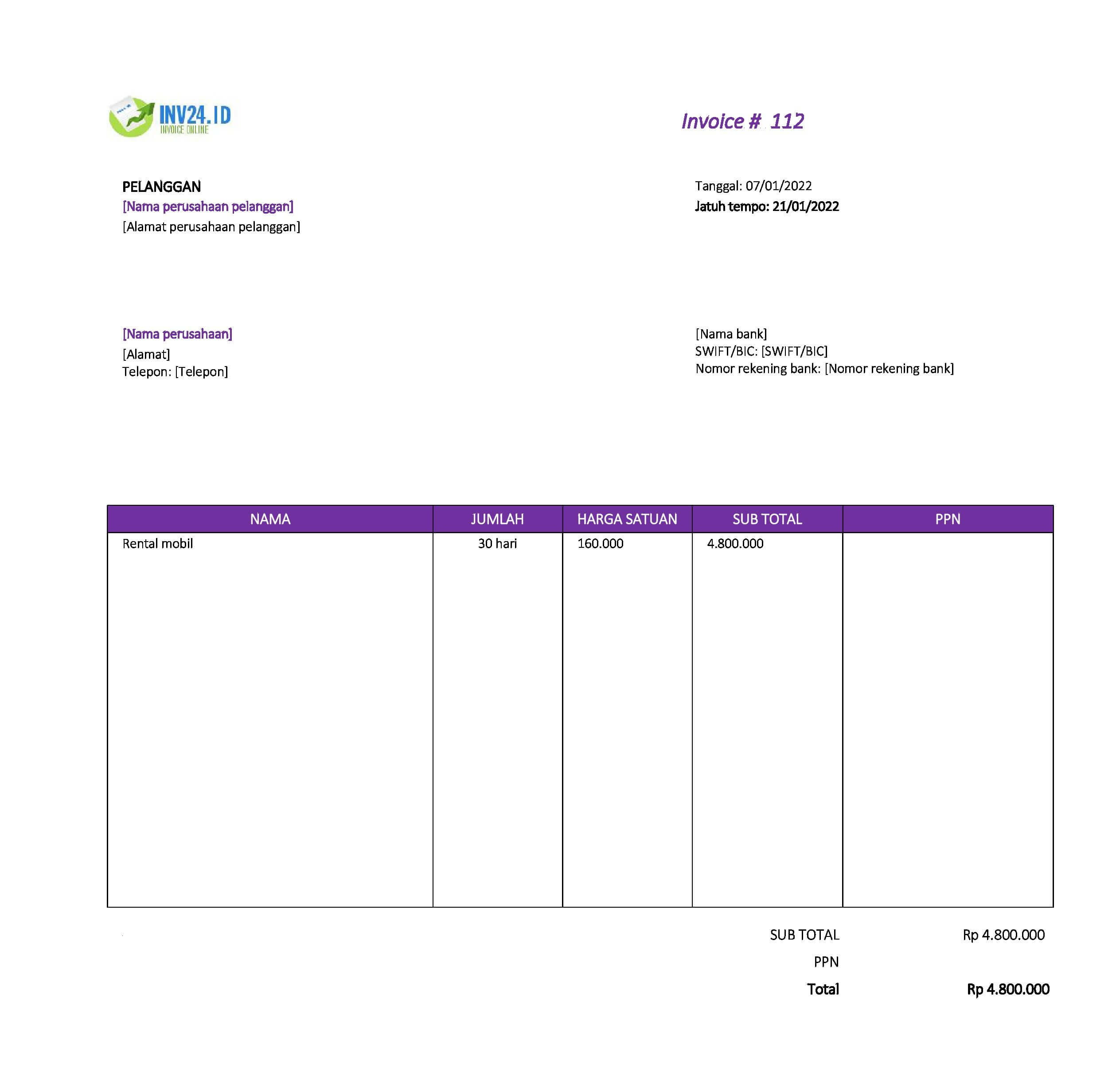 contoh invoice rental mobil