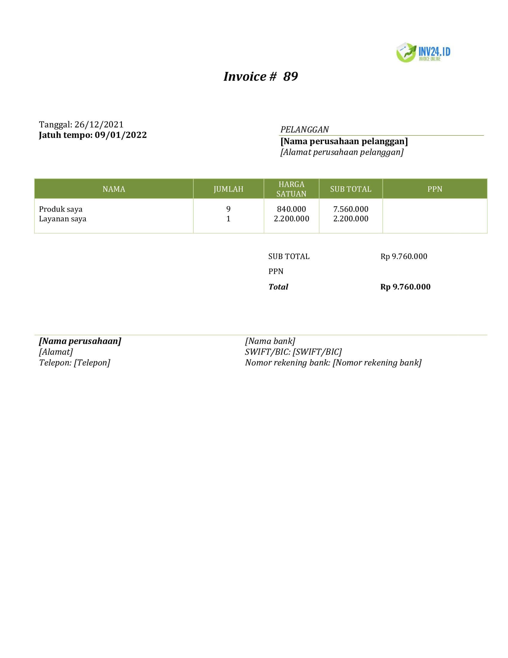 contoh invoice word bahasa Indonesia