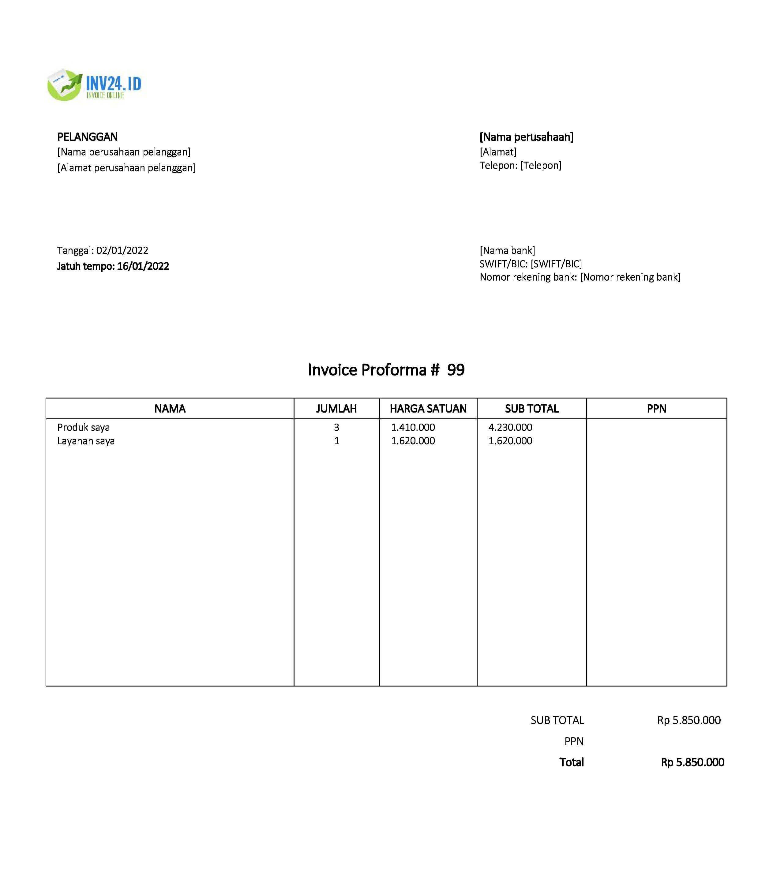 contoh proforma invoice dalam bahasa Indonesia