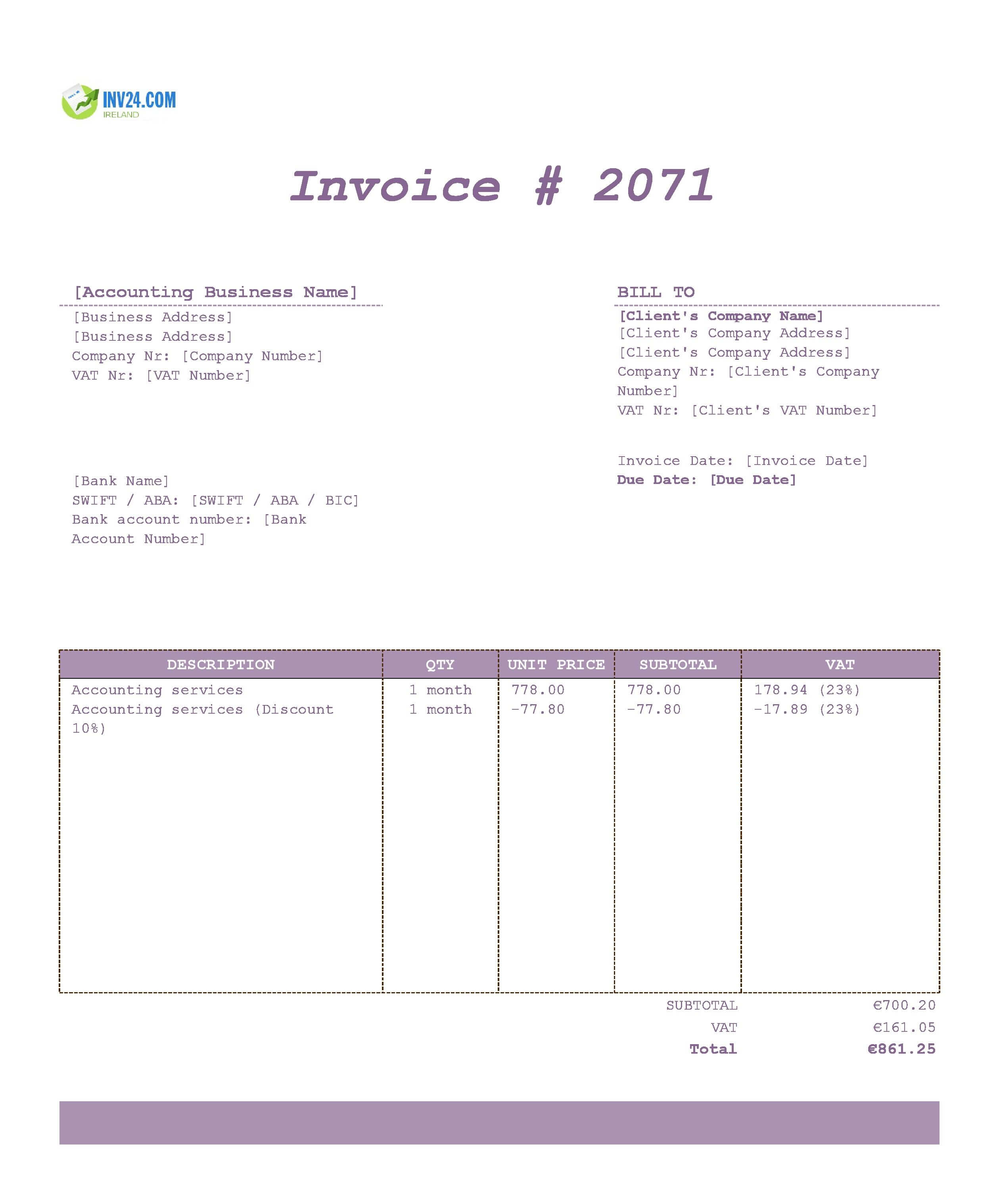 Accounting Invoice Template for Ireland (Excel / Google Sheets) Accounting Invoice Template for Ireland (Excel / Google Sheets)