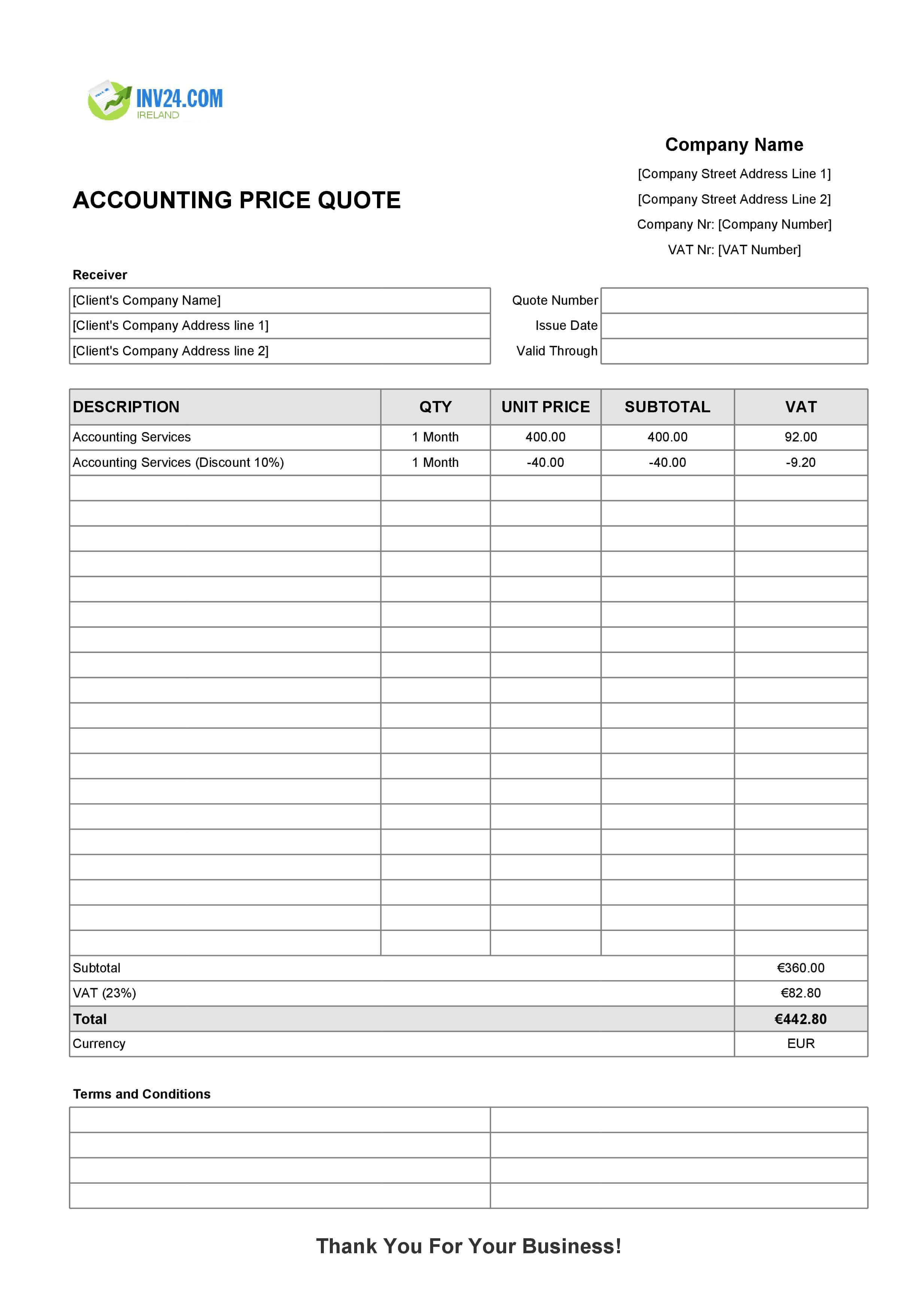 Accounting Quote Template for Ireland (Excel / Google Sheets)