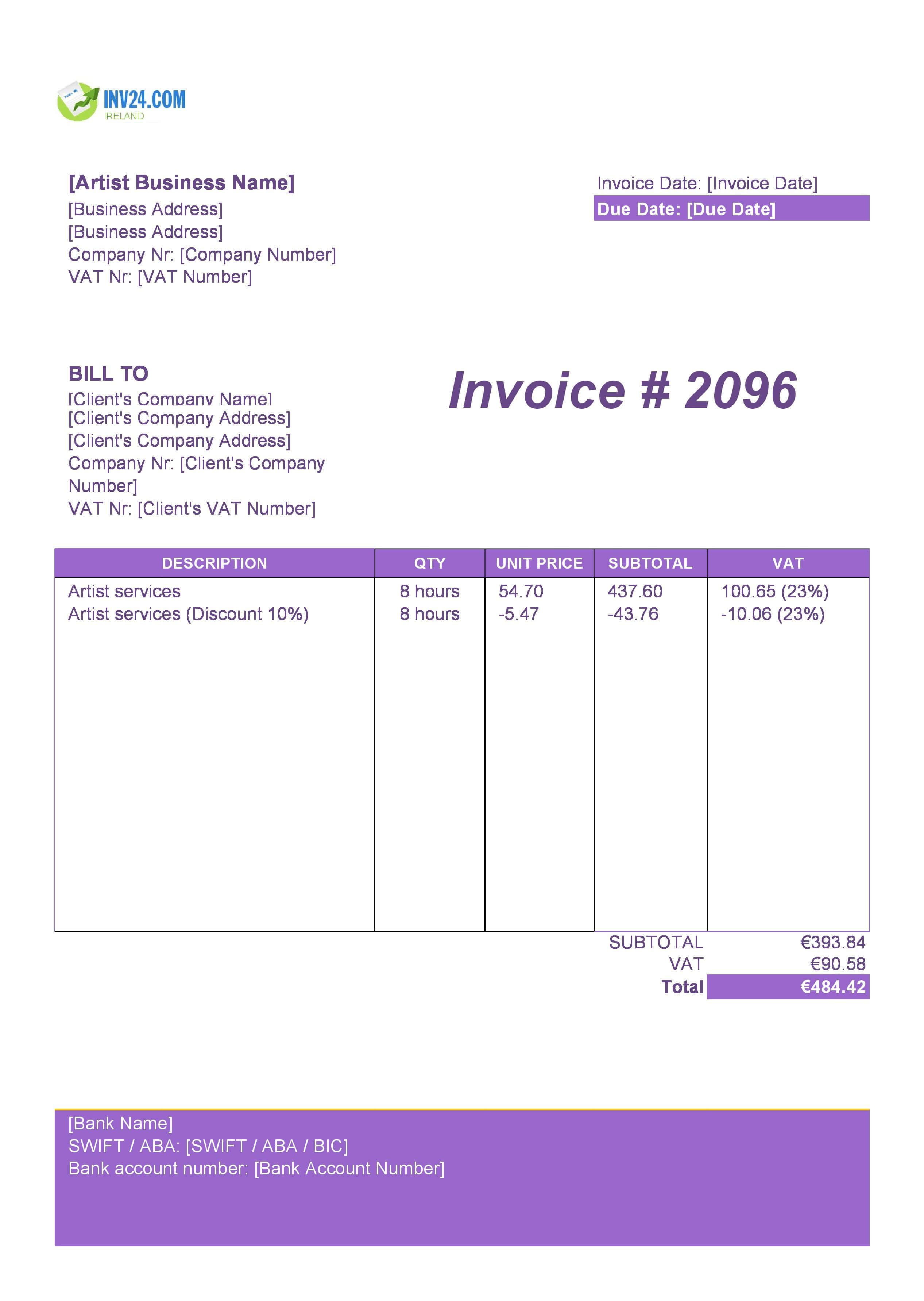 Artist Invoice Template for Ireland (Excel / Google Sheets)