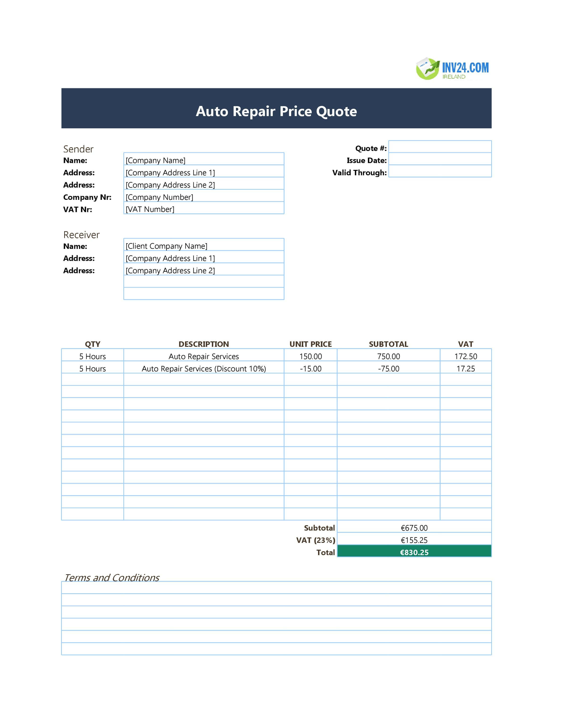 Auto Repair Shop Quote Template for Ireland (Excel / Google Sheets)