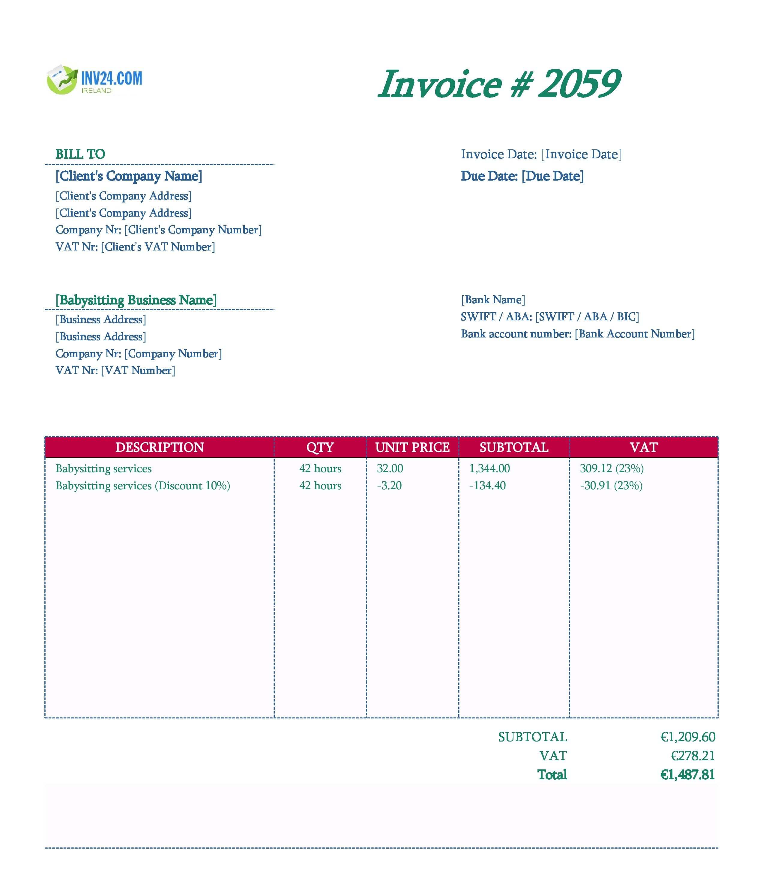 Babysitting Invoice Template for Ireland (Excel / Google Sheets) Babysitting Invoice Template for Ireland (Excel / Google Sheets)