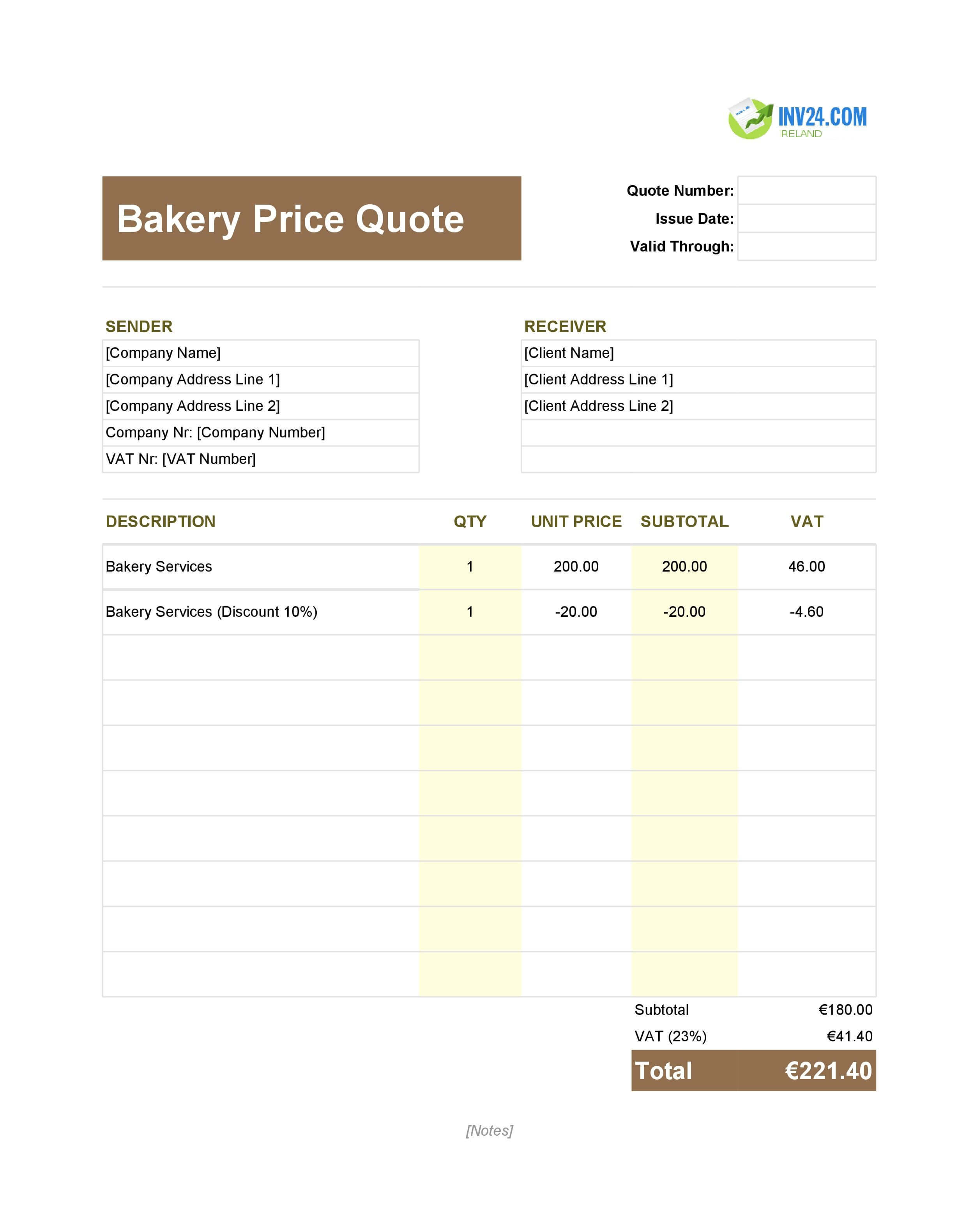 Bakery Quote Template for Ireland (Excel / Google Sheets)