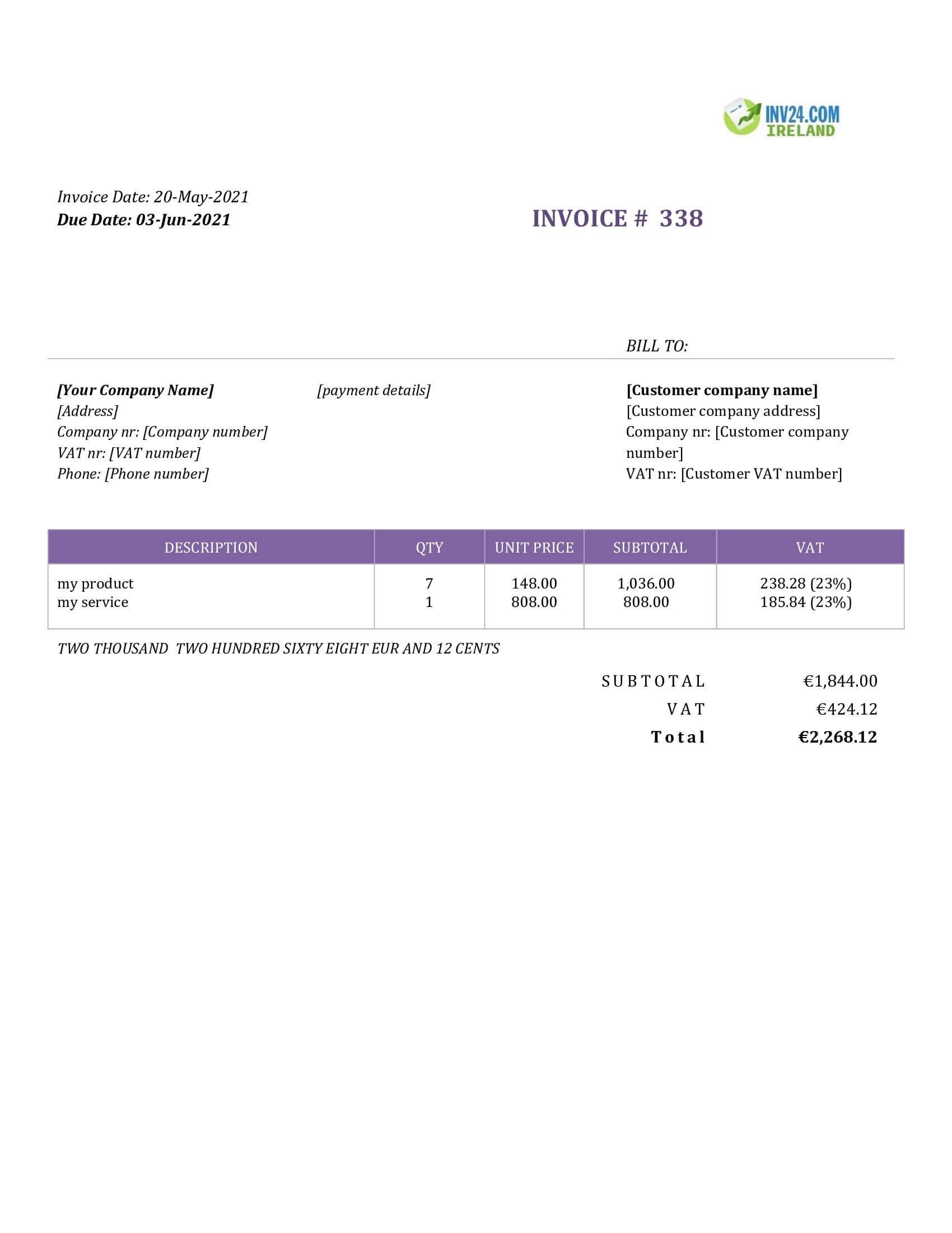 Basic Invoice Template Ireland (Word / Google Docs)