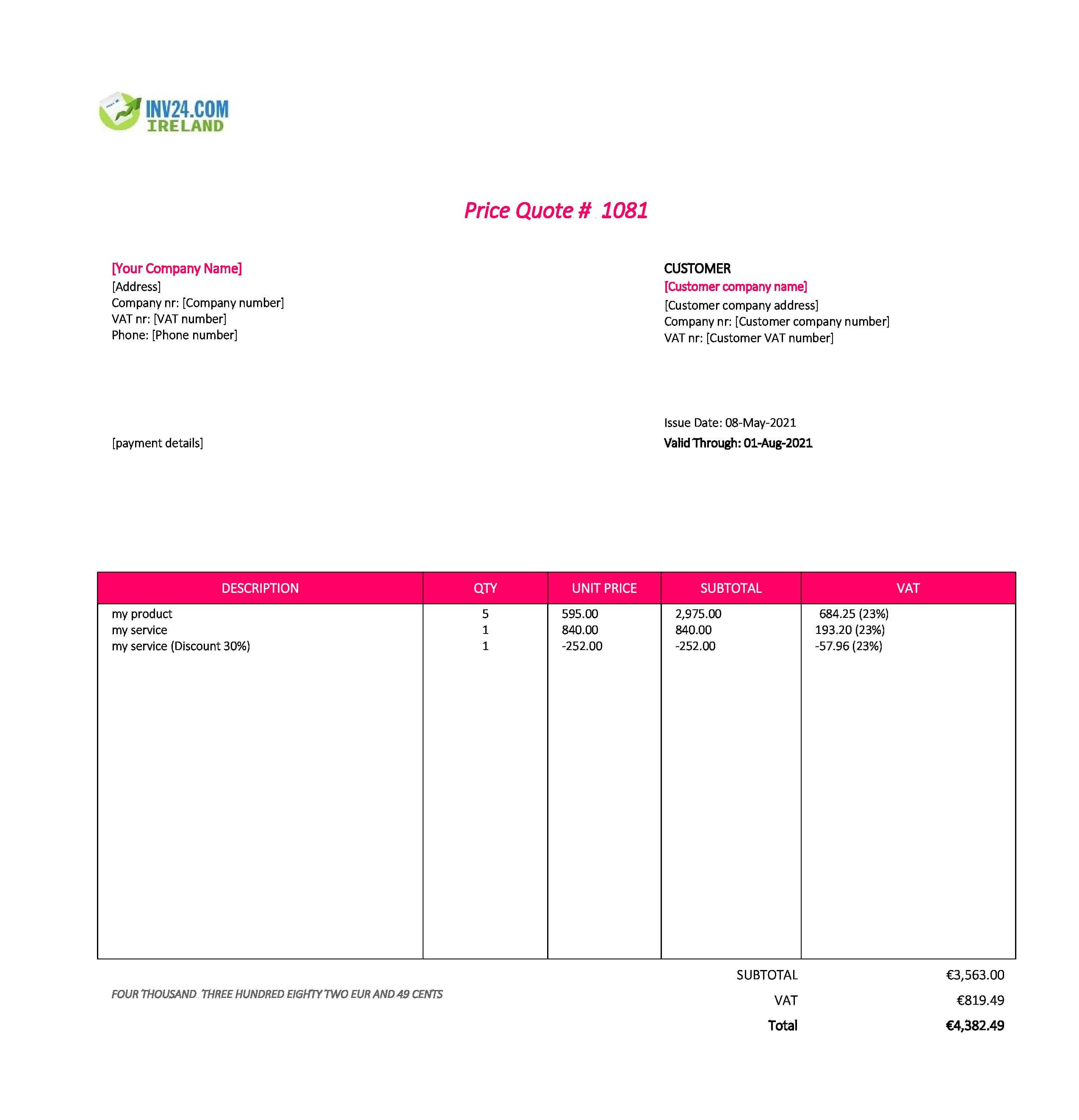 Blank Quote Template Ireland (Excel / Google Sheets)