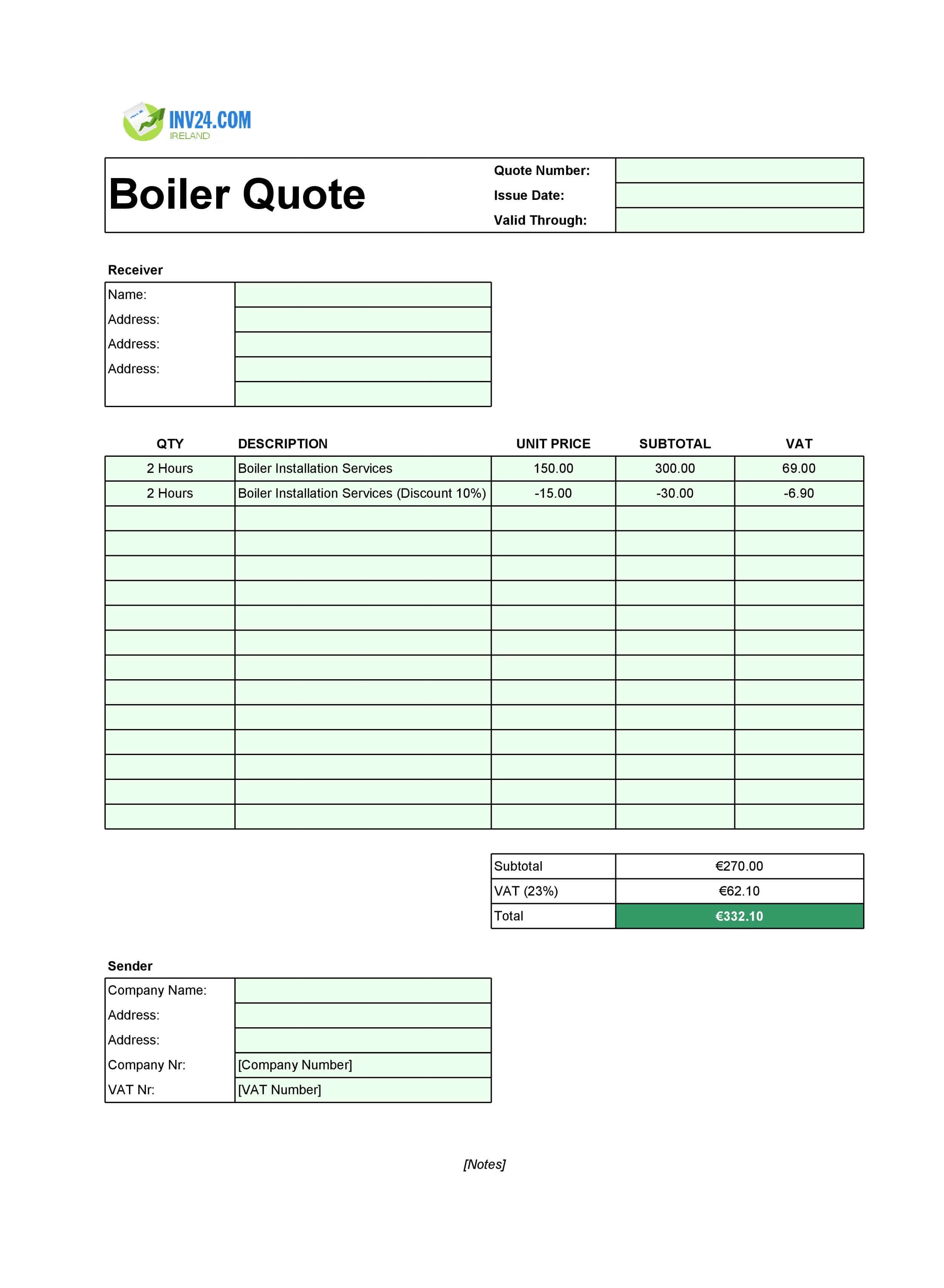 Boiler Quote Template for Ireland (Excel / Google Sheets)