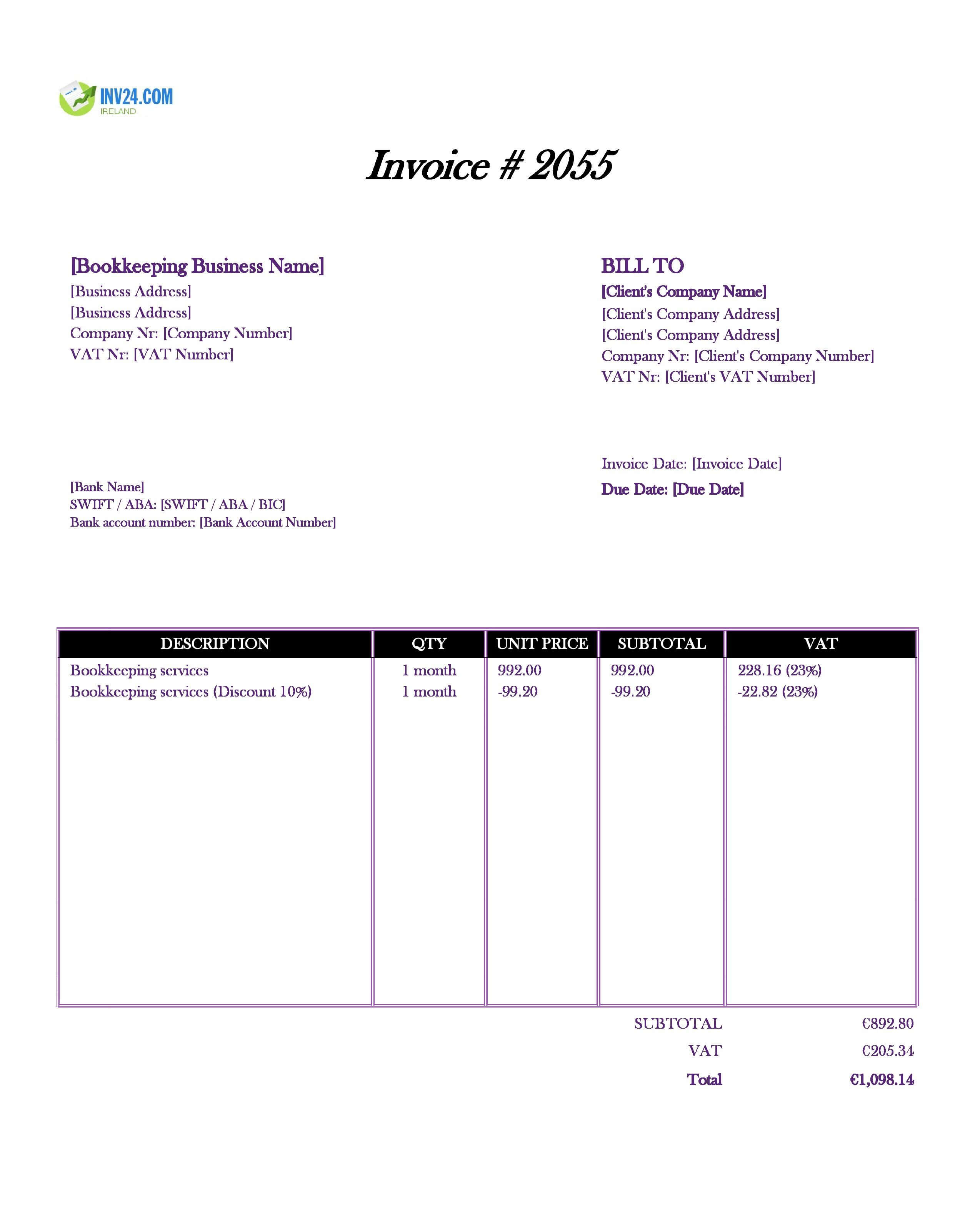 Bookkeeping Invoice Template for Ireland (Excel / Google Sheets) Bookkeeping Invoice Template for Ireland (Excel / Google Sheets)