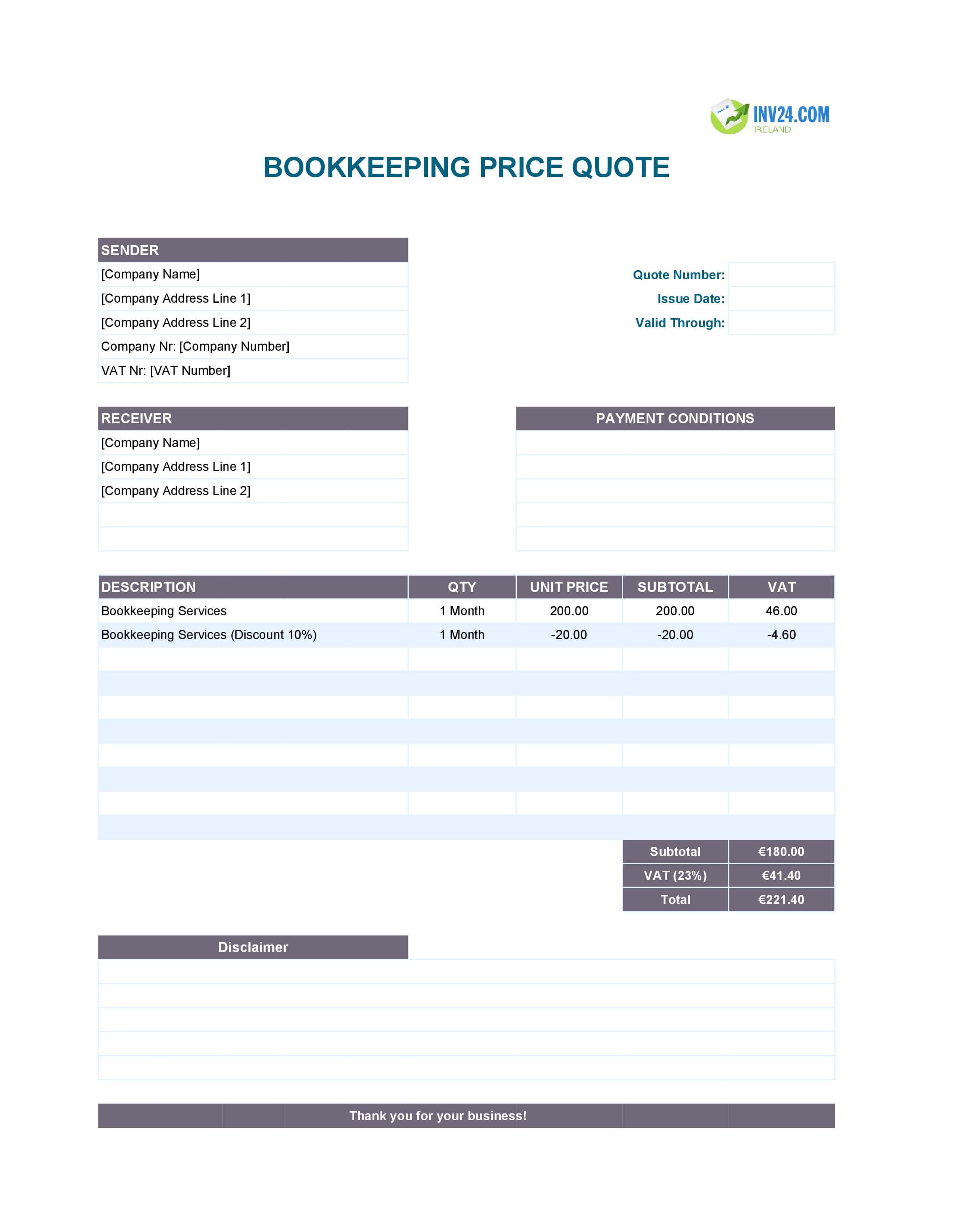 Bookkeeping Quote Template for Ireland (Excel / Google Sheets)