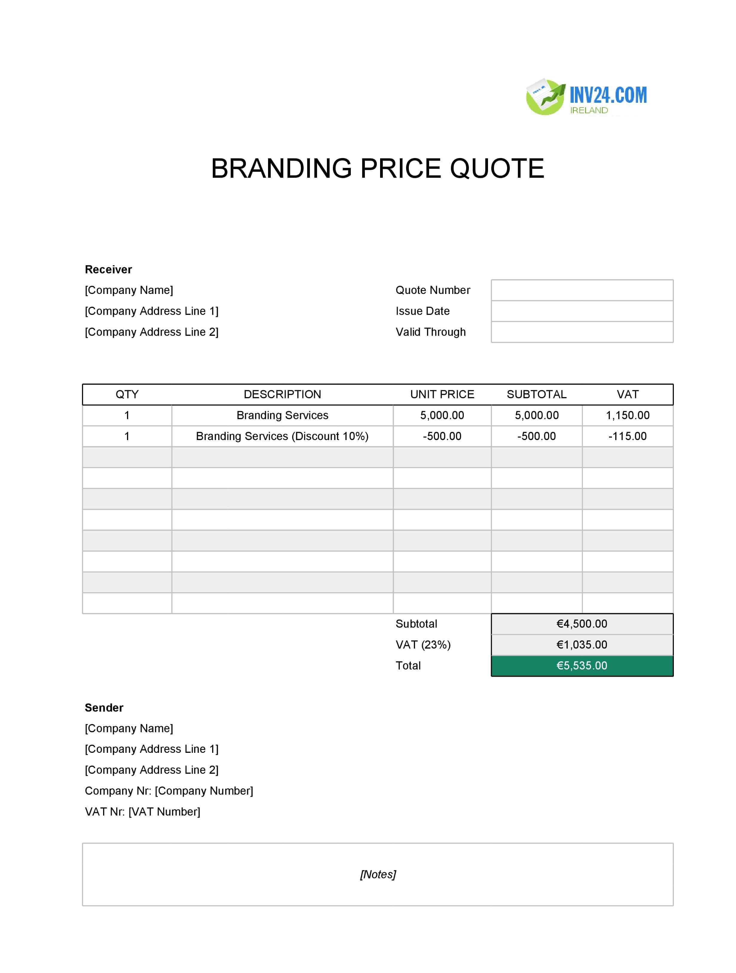 Branding Quote Template for Ireland (Excel / Google Sheets)