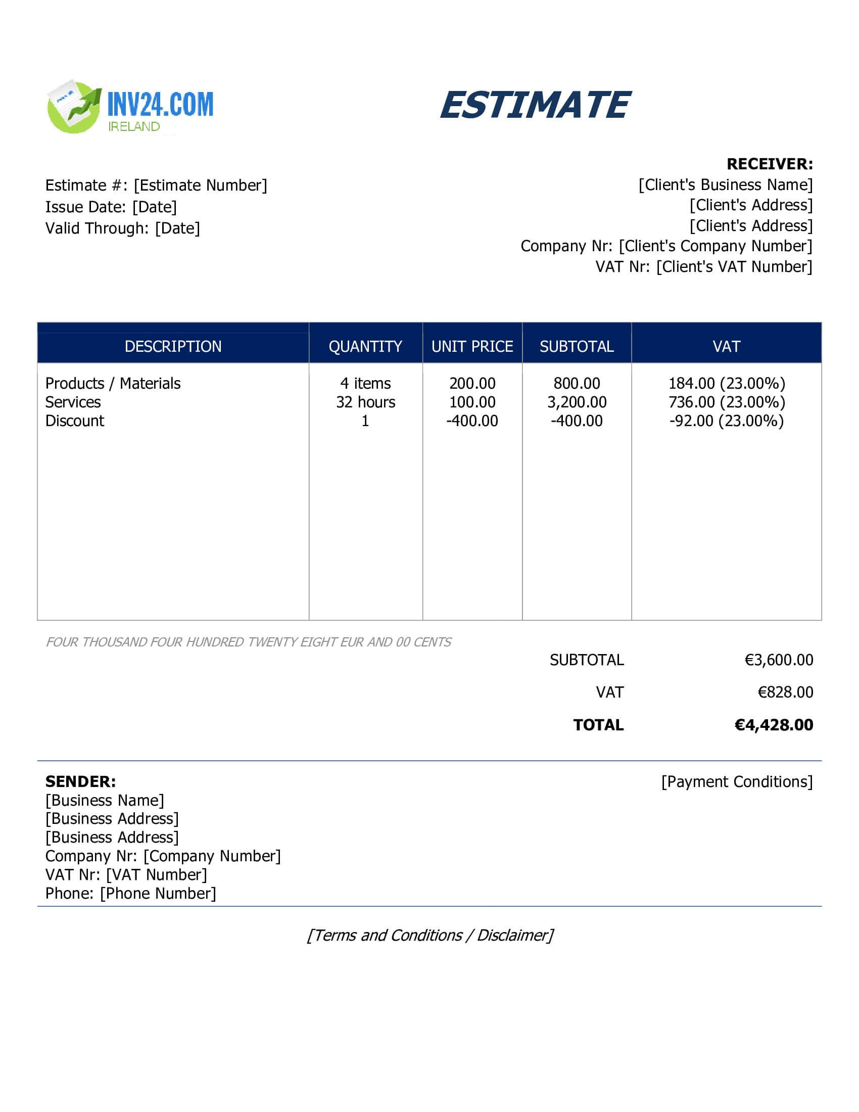 Business Estimate Template for Ireland (Word / Google Docs)