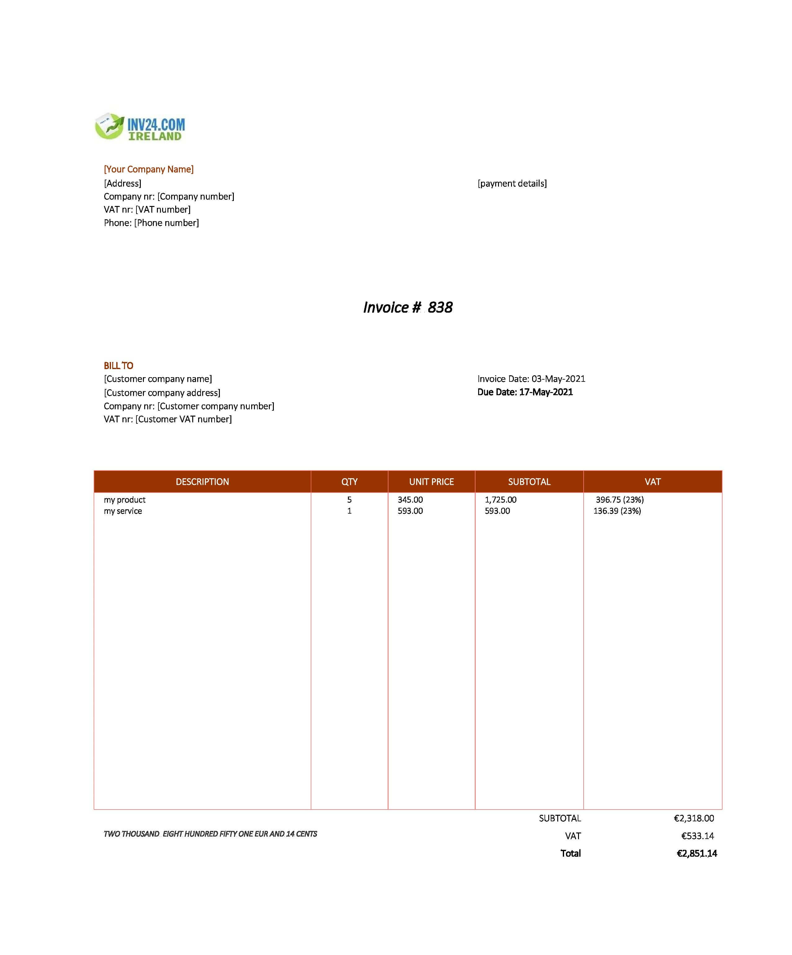 business invoice template ireland