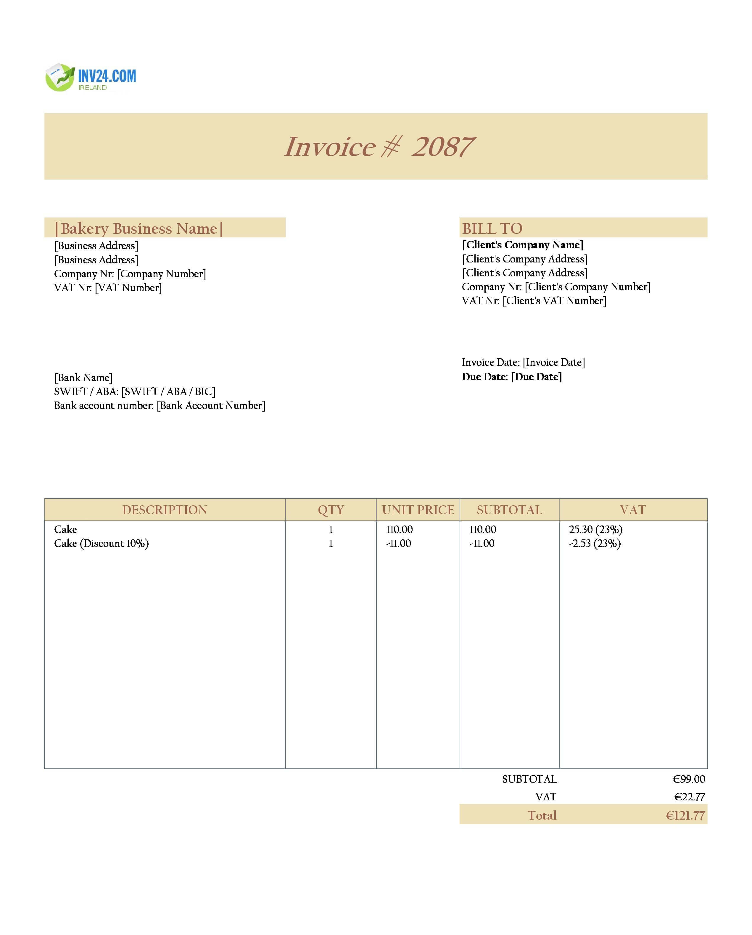 Cake Invoice Template for Ireland (Excel / Google Sheets) Cake Invoice Template for Ireland (Excel / Google Sheets)