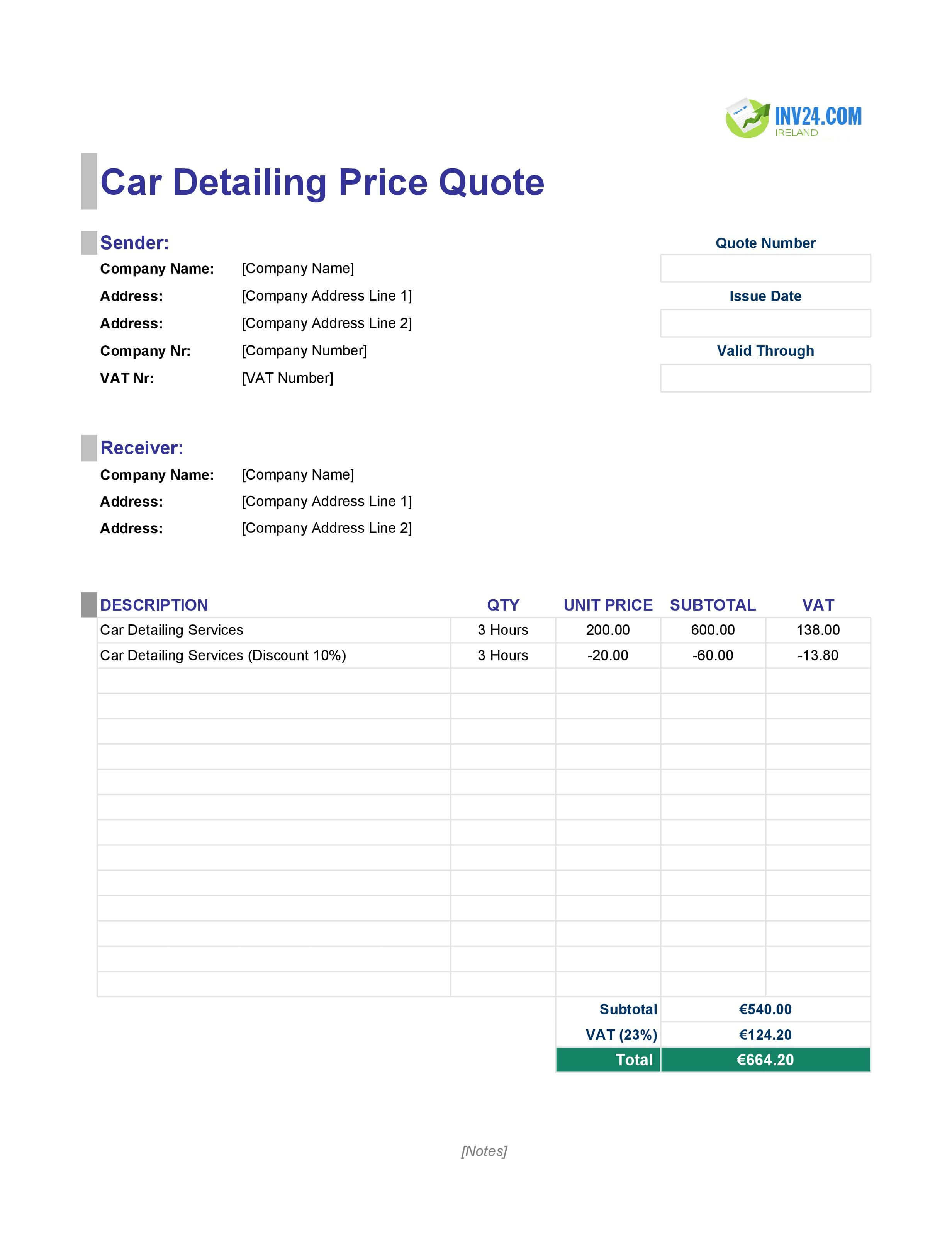 Car Detailing Quote Template for Ireland (Excel / Google Sheets)