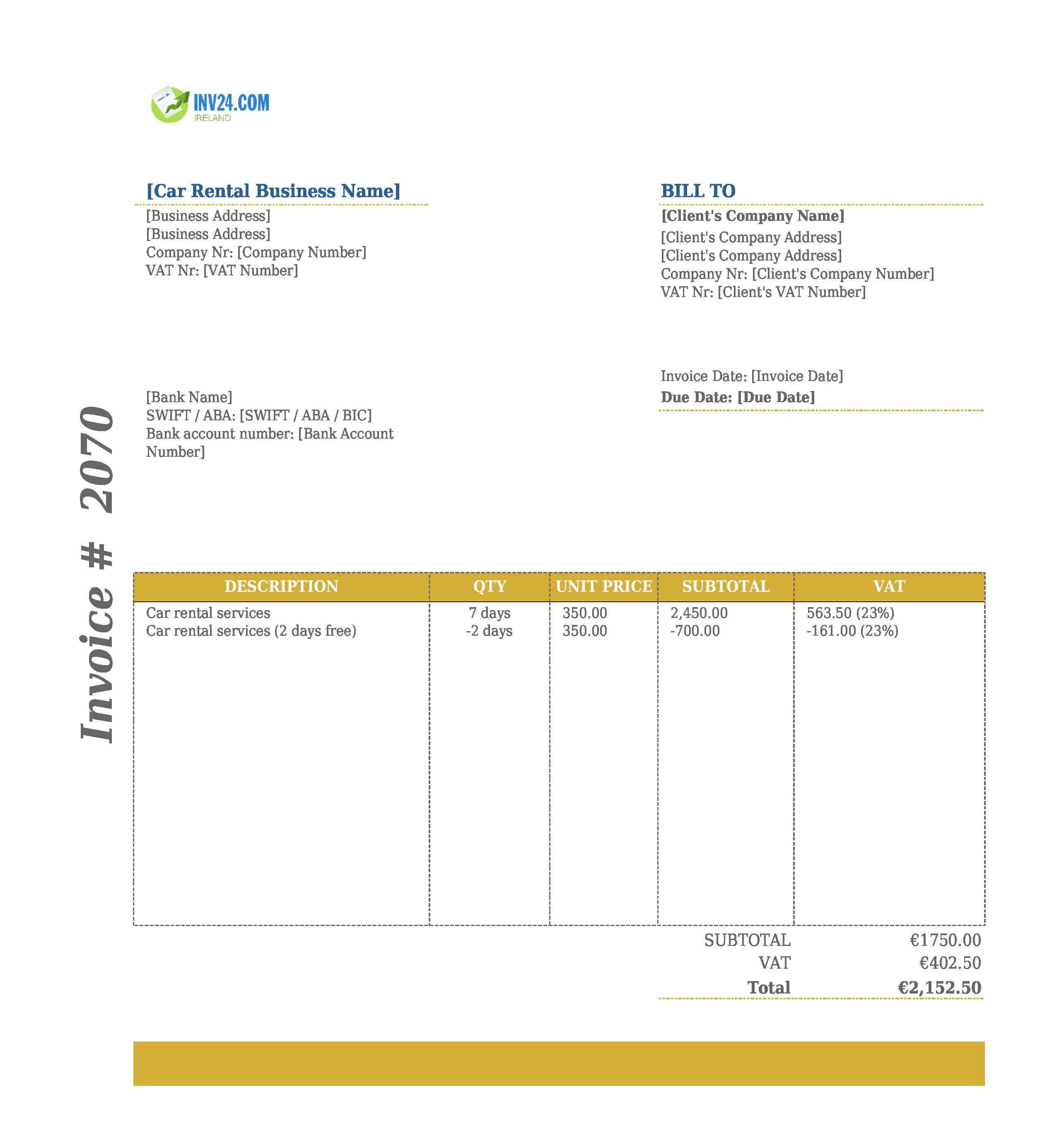 Car Rental Invoice Template for Ireland (Excel / Google Sheets) Car Rental Invoice Template for Ireland (Excel / Google Sheets)