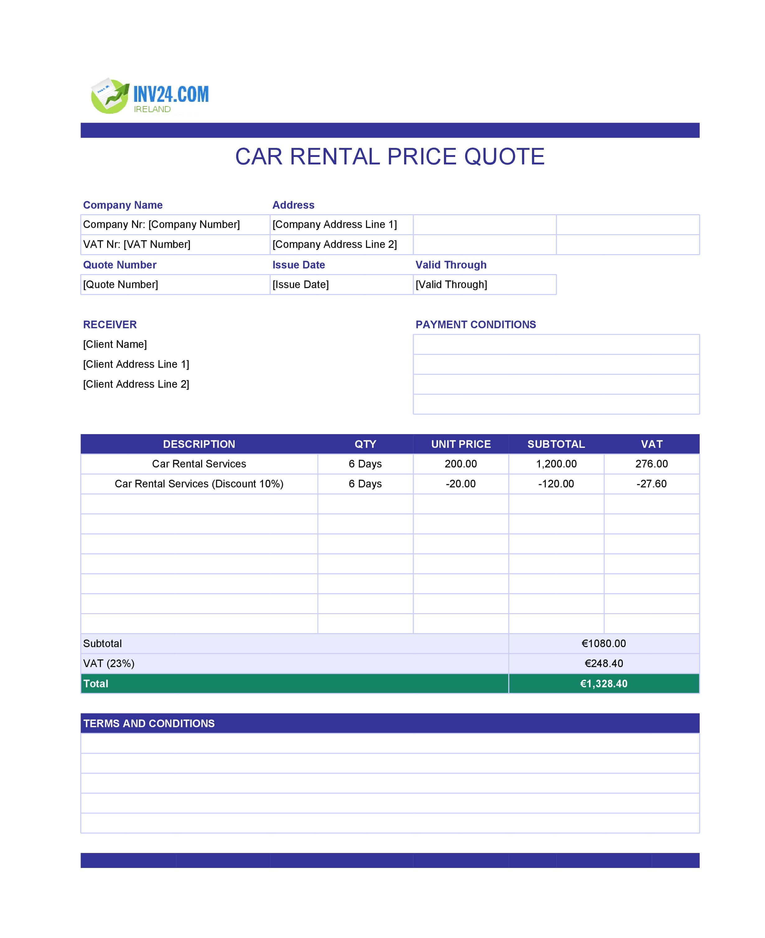 Car Rental Quote Template for Ireland (Excel / Google Sheets)