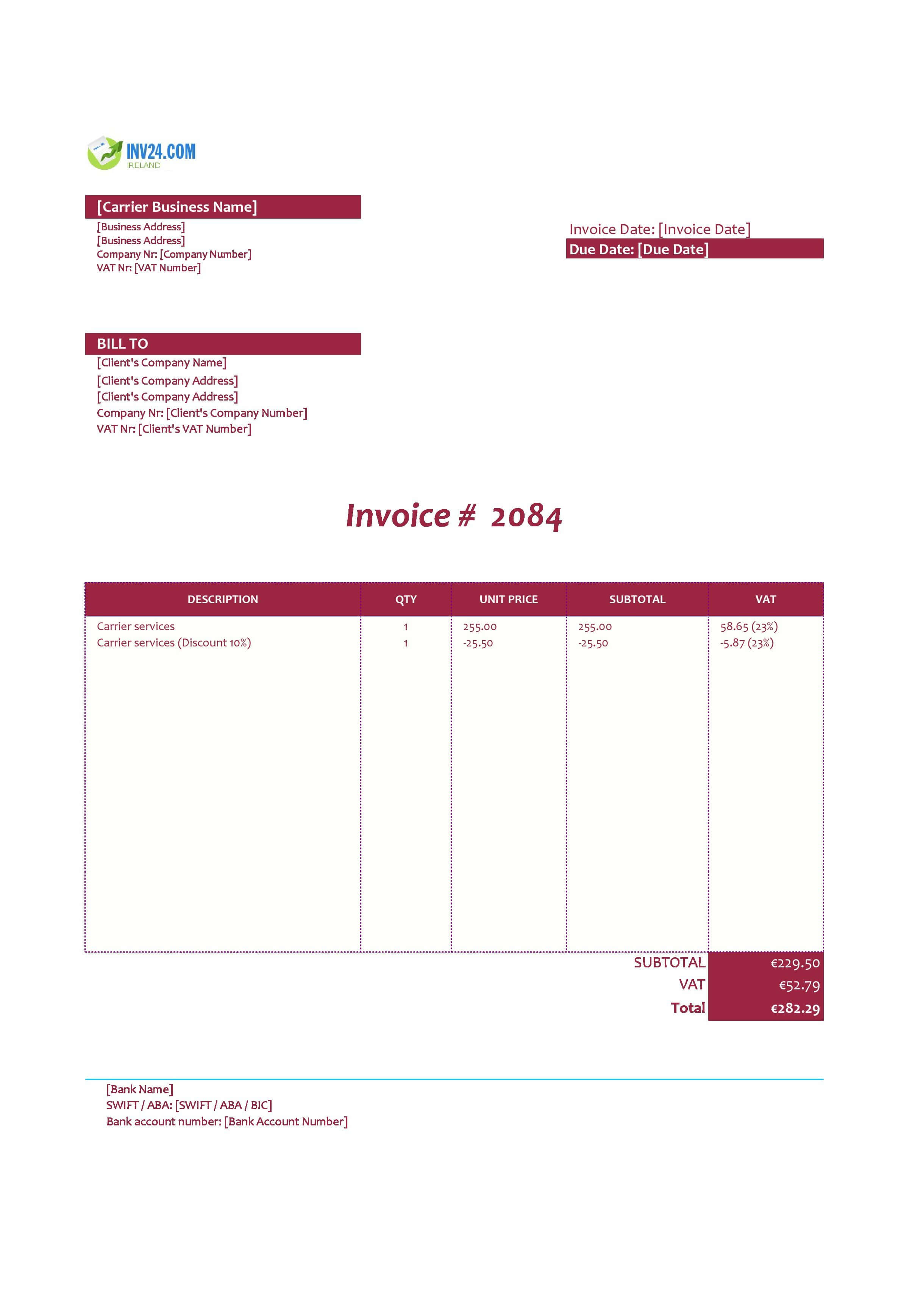 Carrier Invoice Template for Ireland (Excel / Google Sheets)