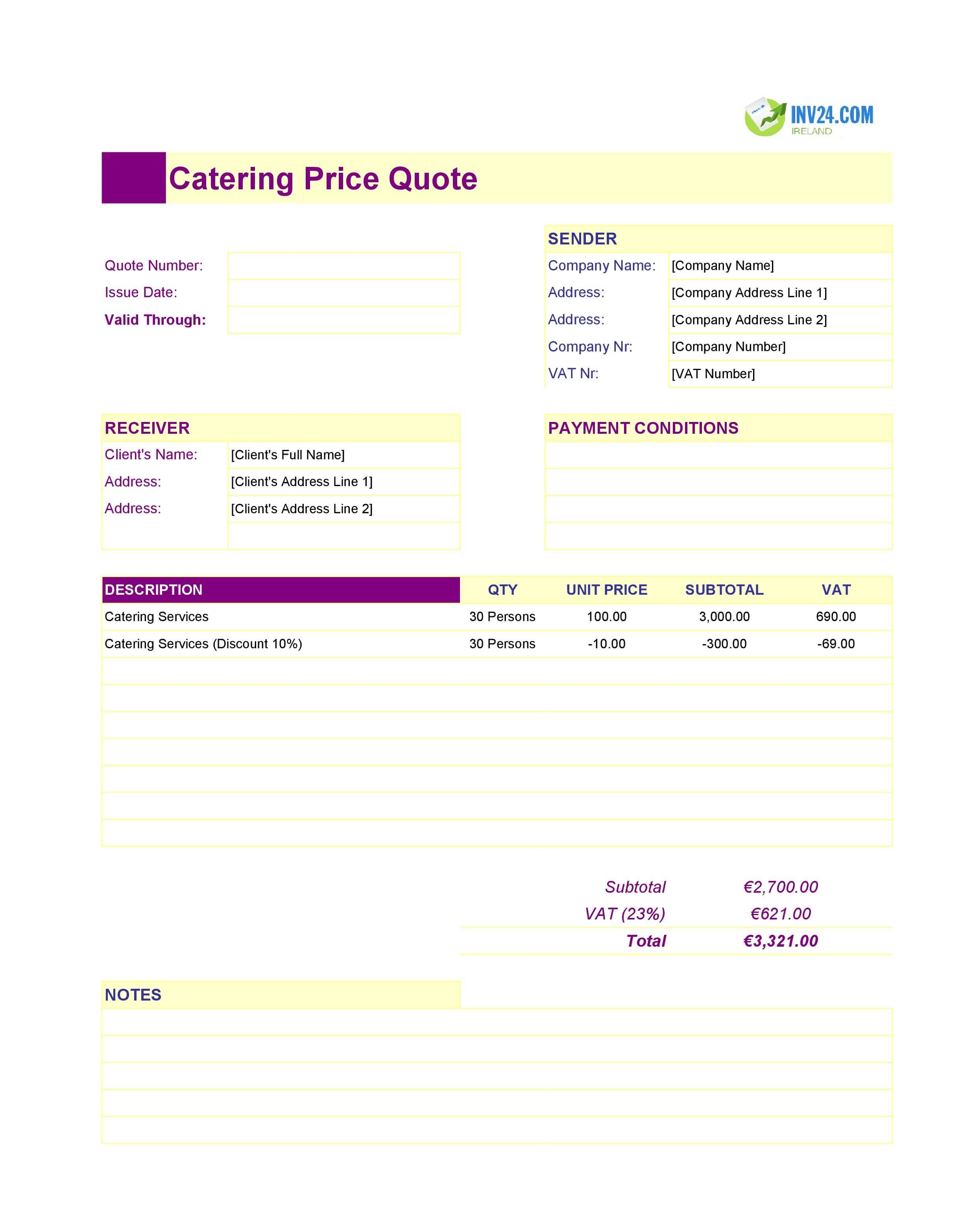 Catering Quote Template for Ireland (Excel / Google Sheets)