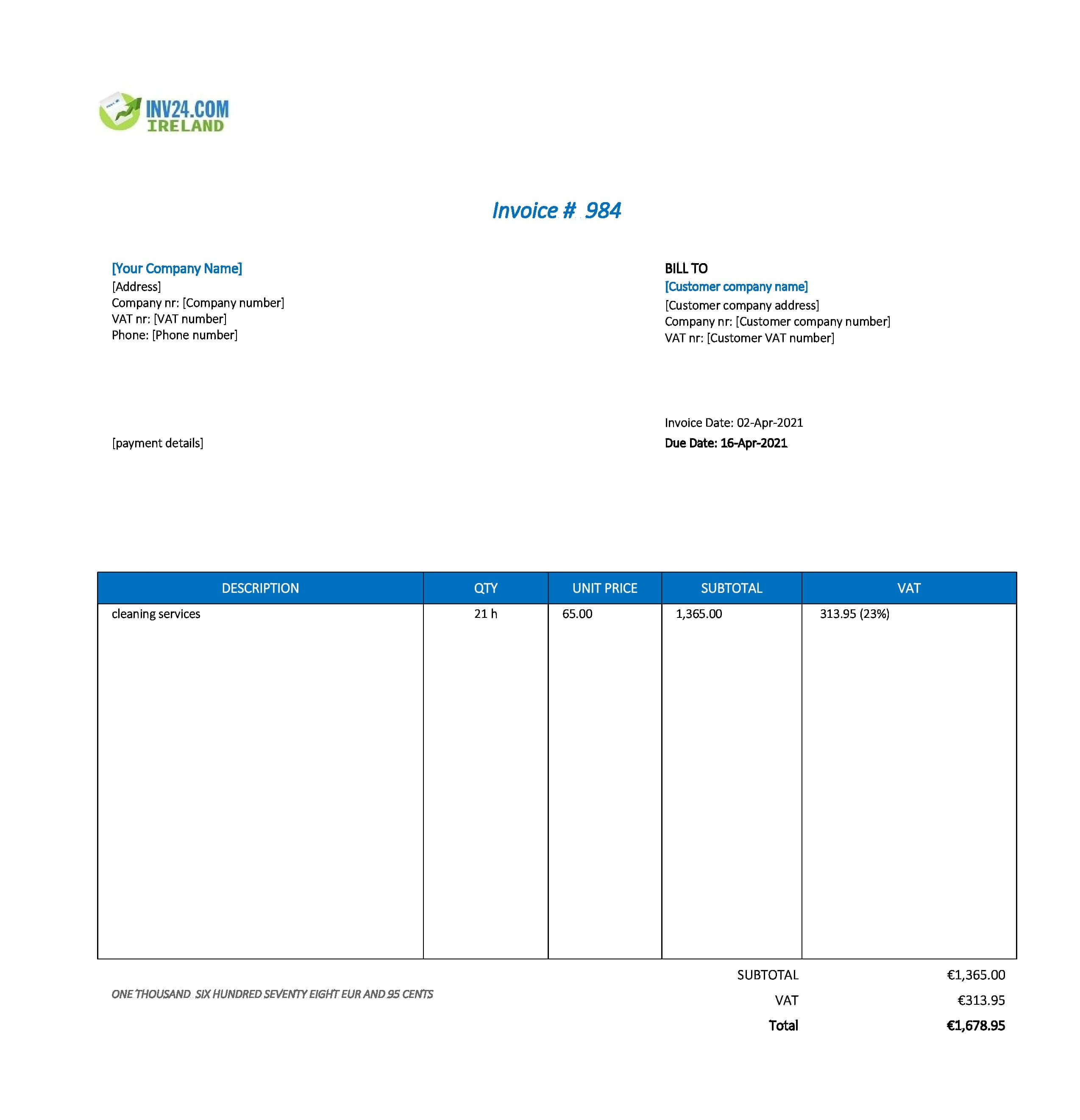 cleaning invoice template ireland