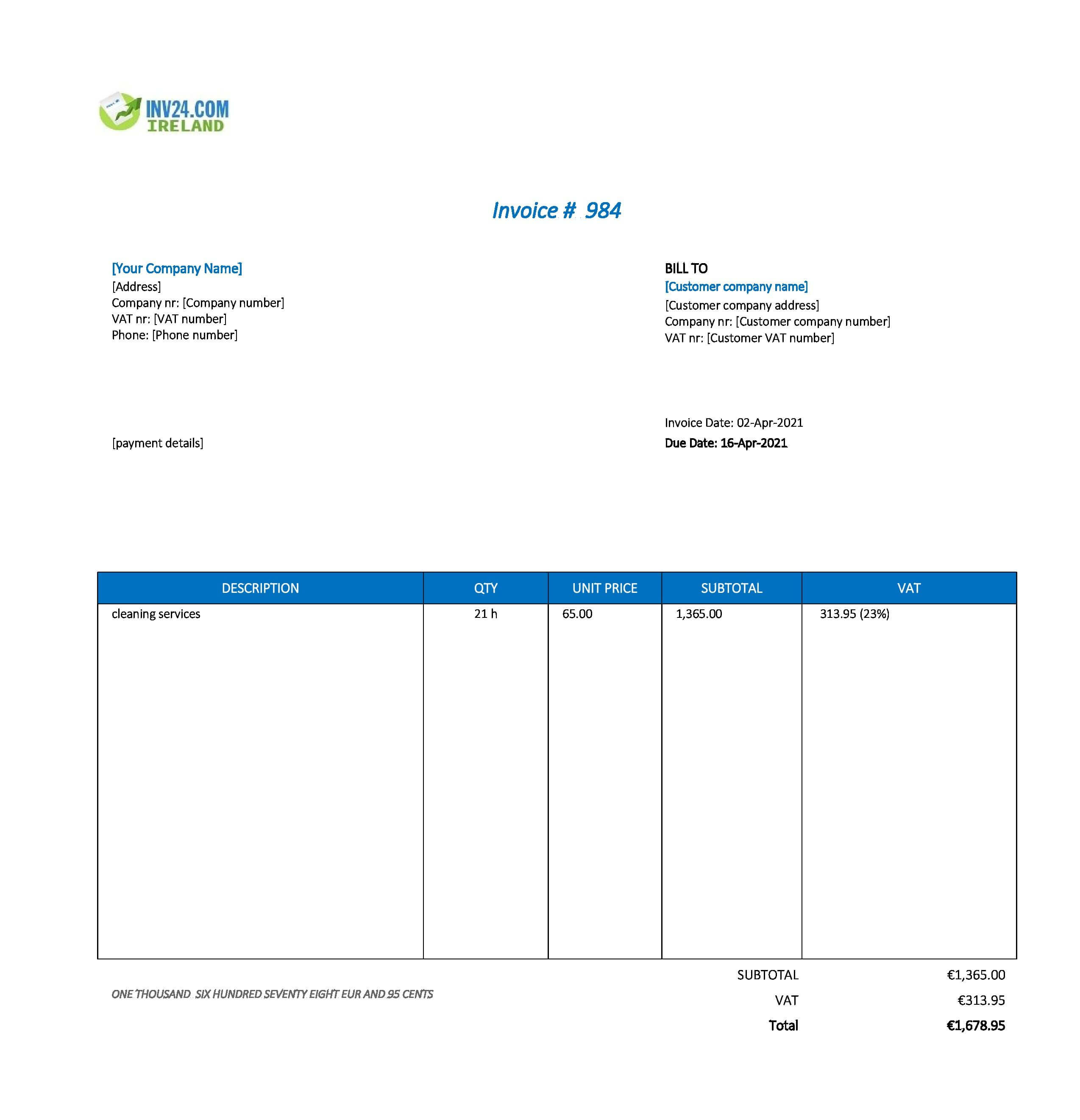 Cleaning Invoice Template Ireland (Excel / Google Sheets) Cleaning Invoice Template Ireland (Excel / Google Sheets)