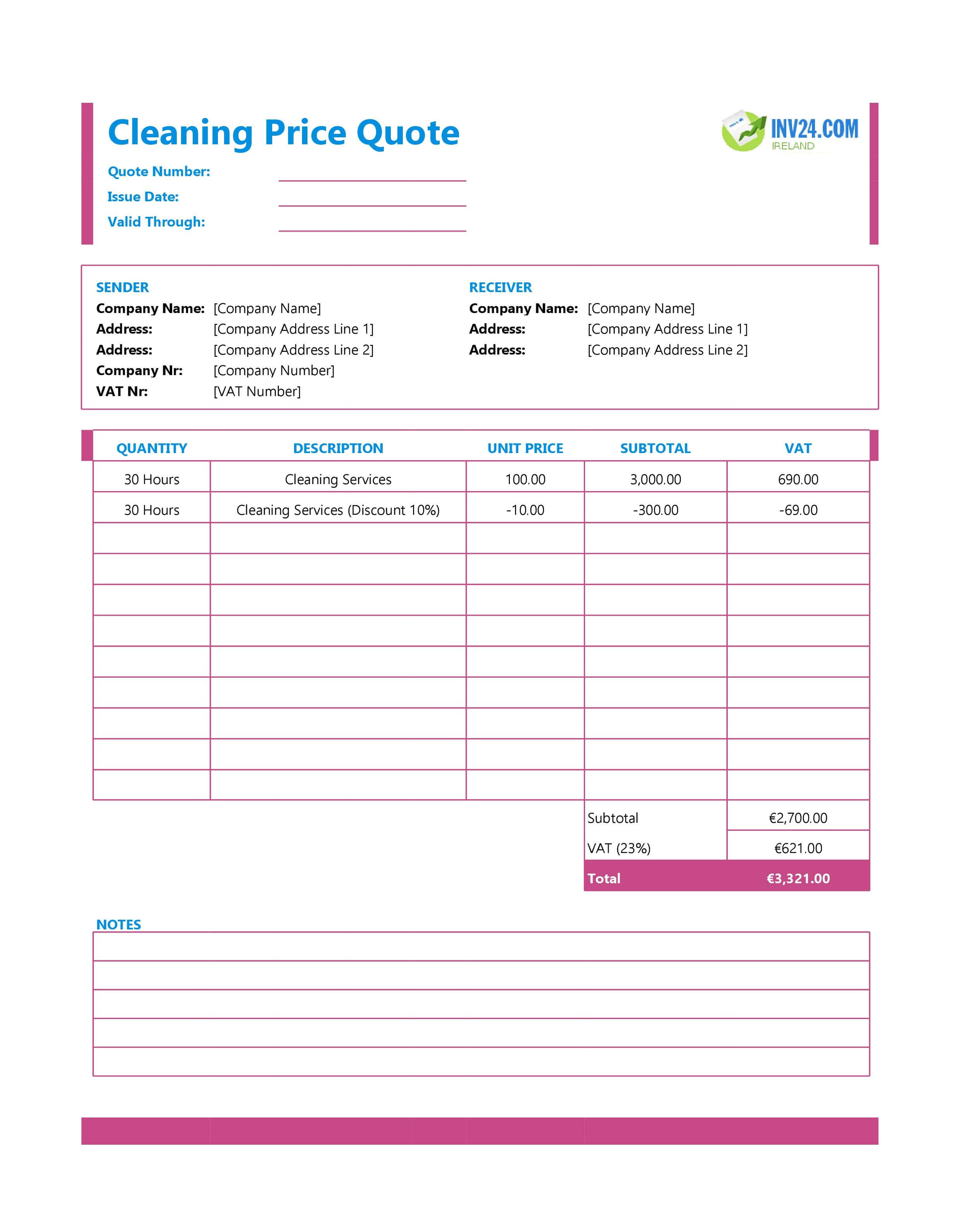 Cleaning Quote Template for Ireland (Excel / Google Sheets)