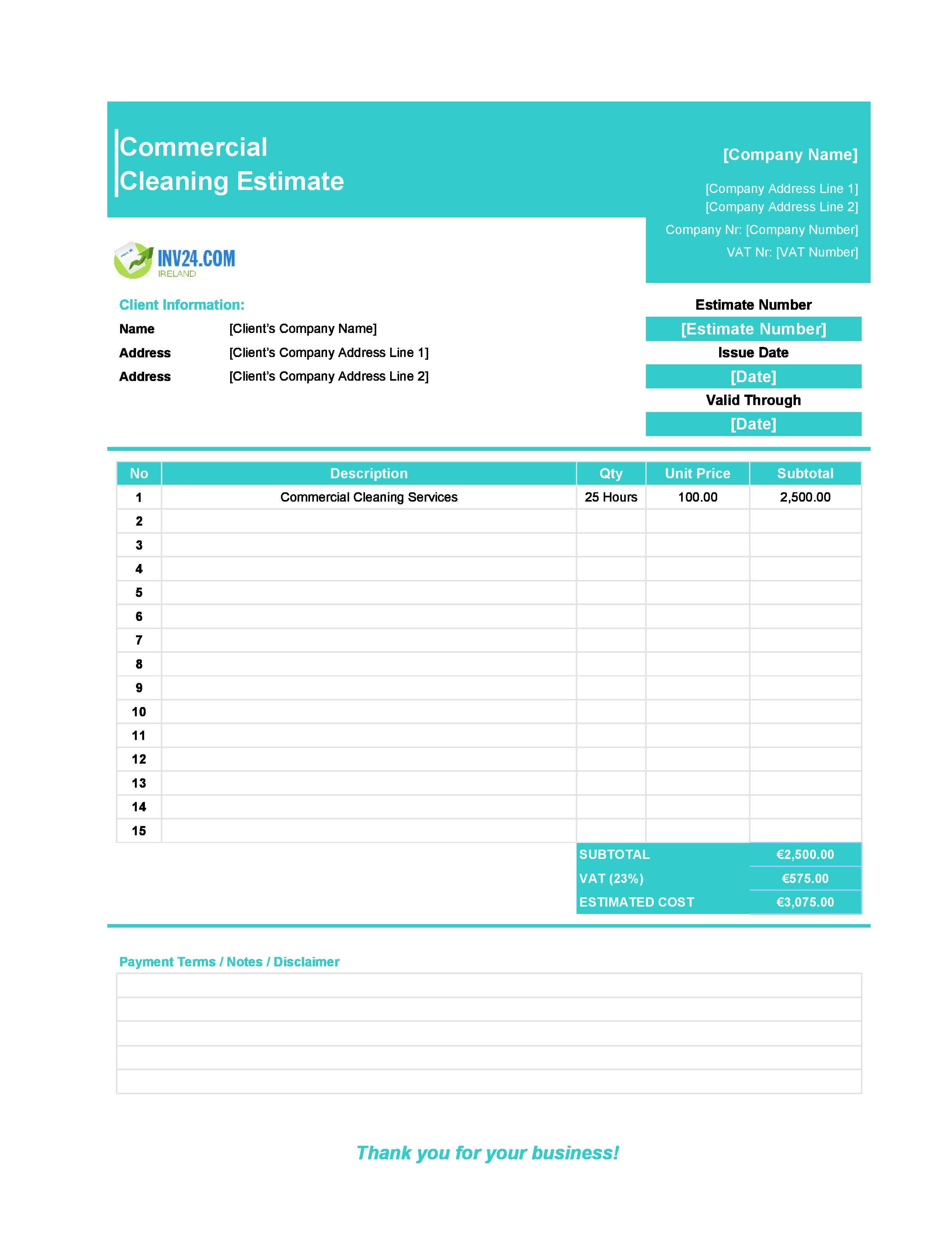 Commercial Cleaning Estimate Template for Ireland (Excel / Google Sheets)