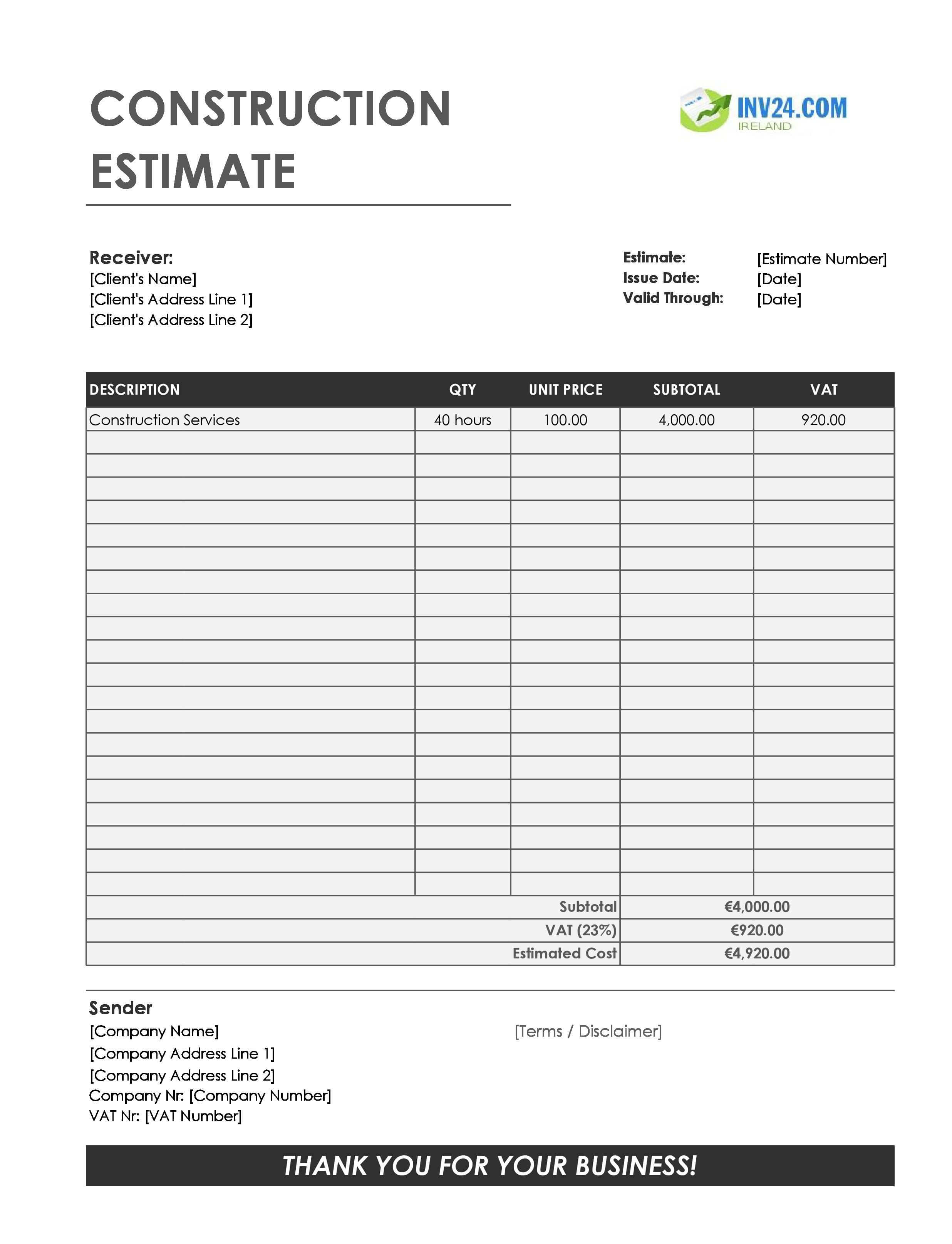 Construction Estimate Template for Ireland (Excel / Google Sheets)