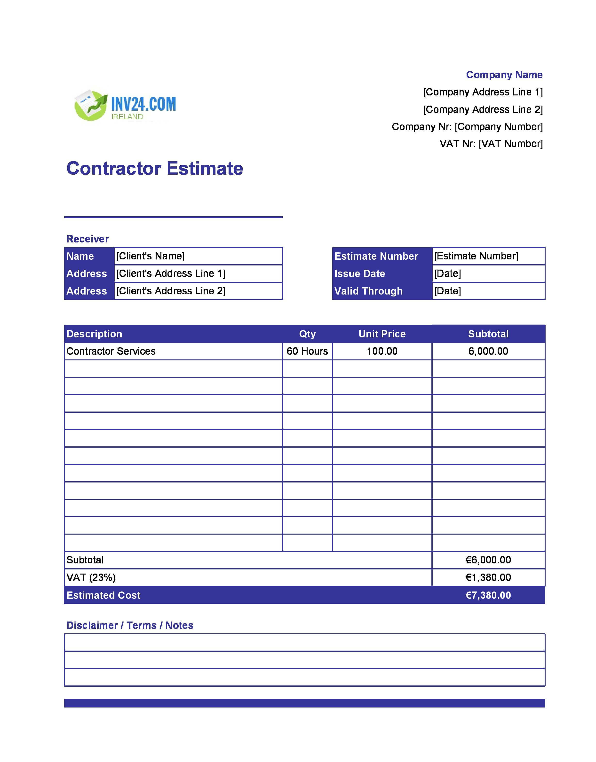 Contractor Estimate Template Contractor Estimate Template