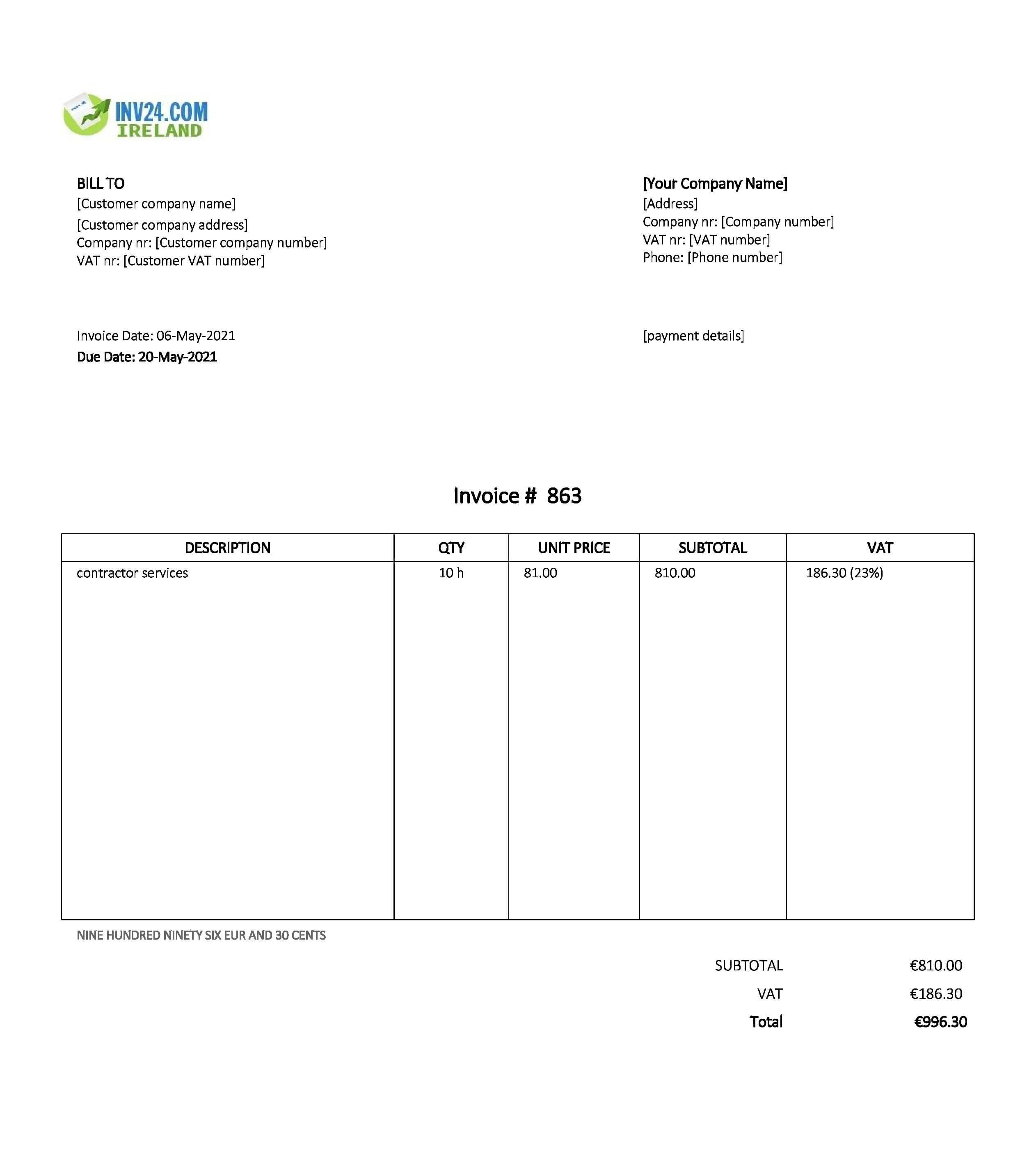 Contractor Invoice Template Ireland (Excel) In Invoice Template For Builders