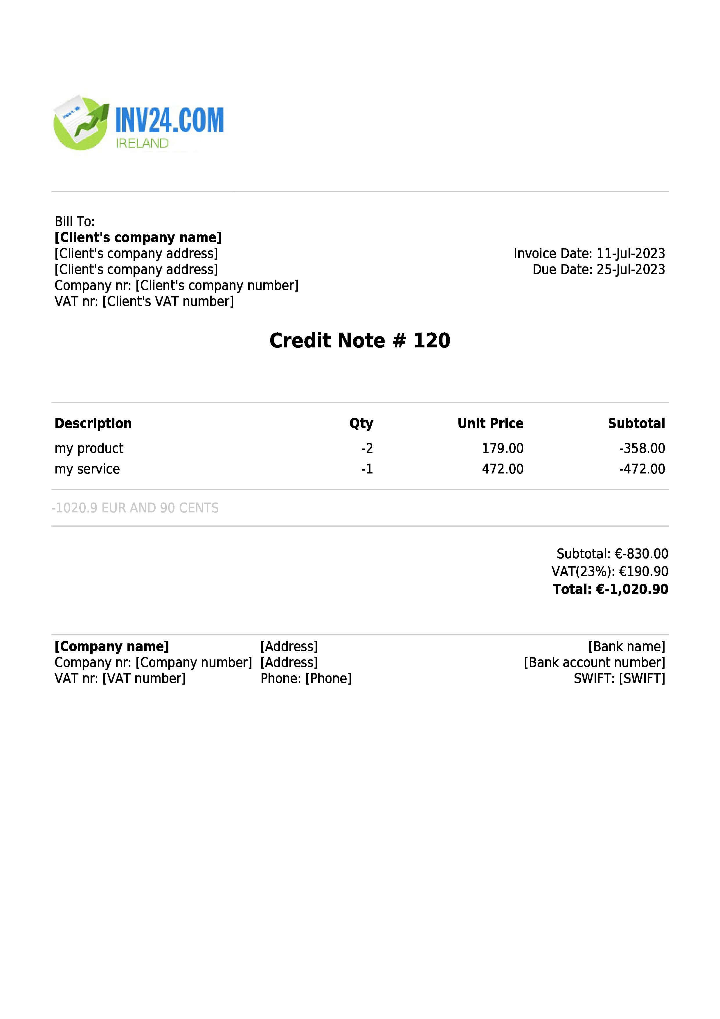 credit note sample ireland