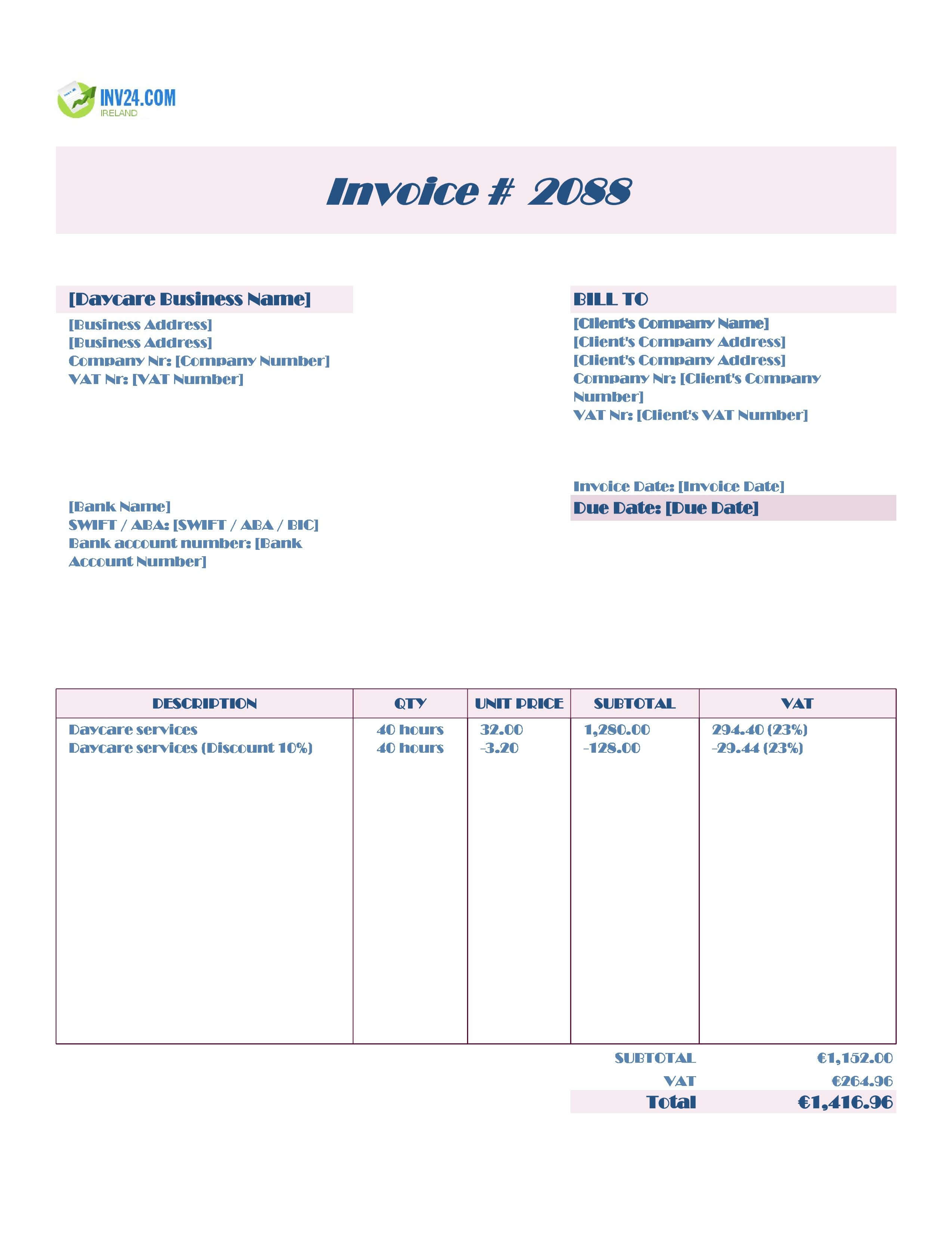 Daycare Invoice Template for Ireland (Excel / Google Sheets)