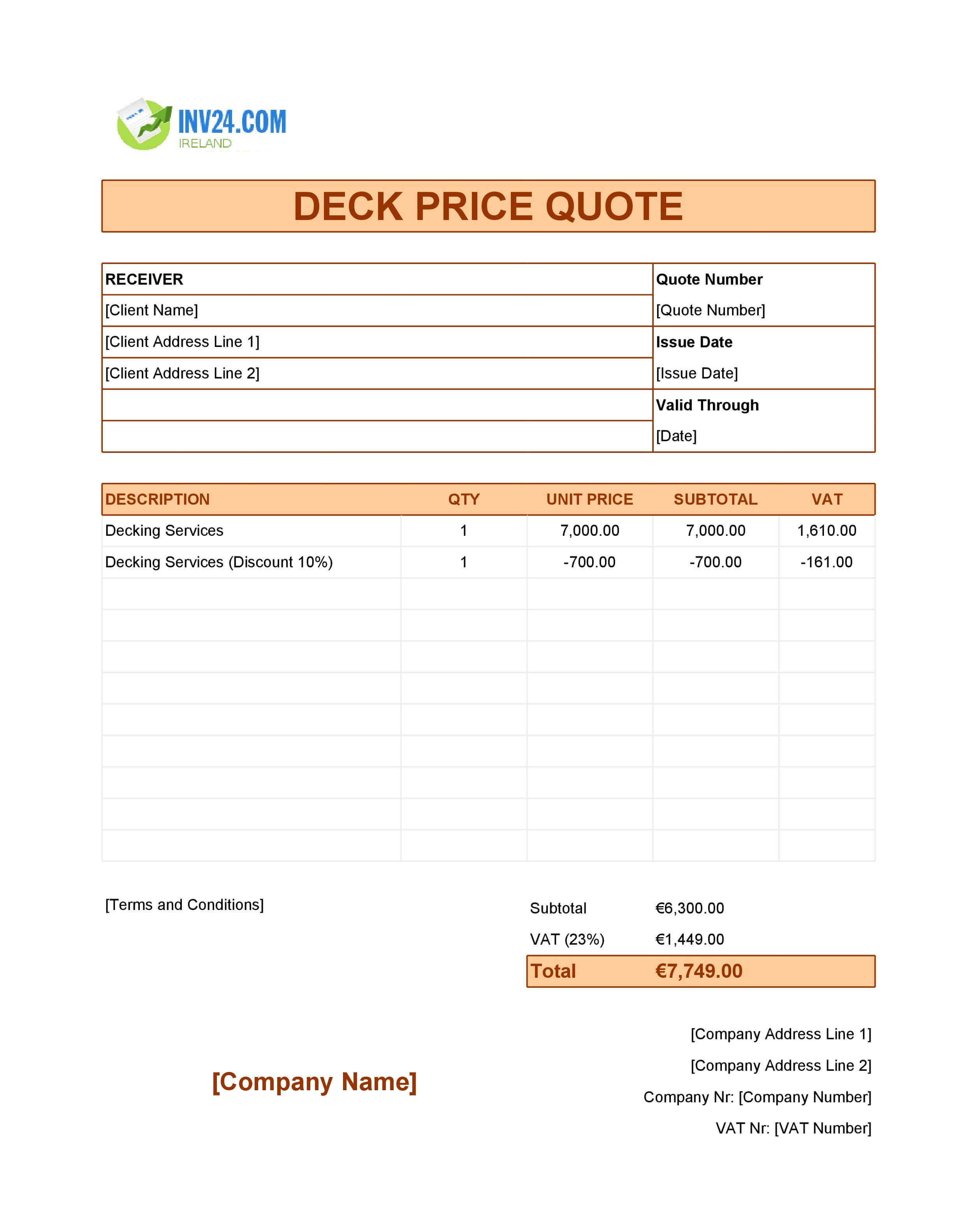 Deck Quote Template for Ireland (Excel / Google Sheets)