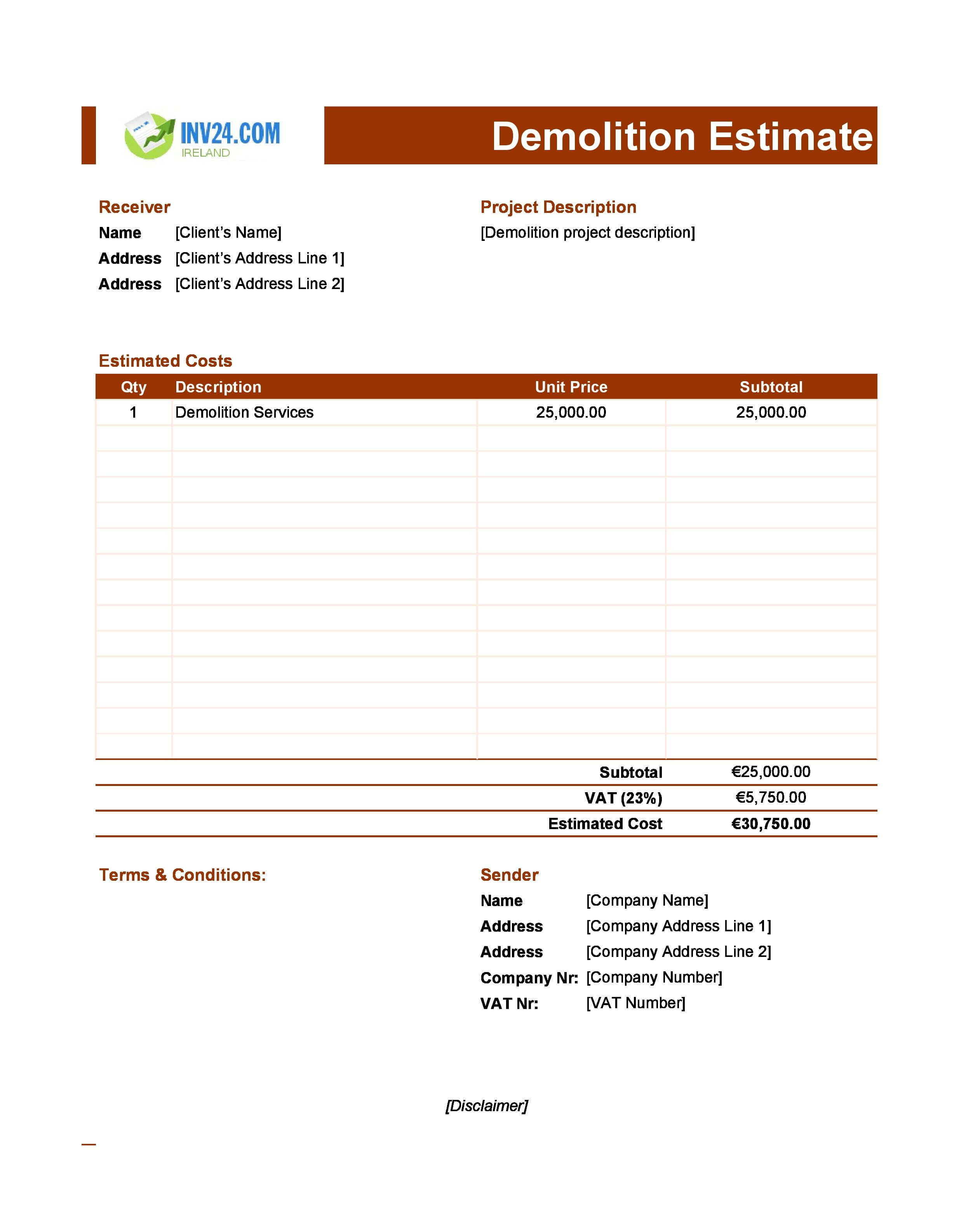 Demolition Estimate Template for Ireland (Excel / Google Sheets)