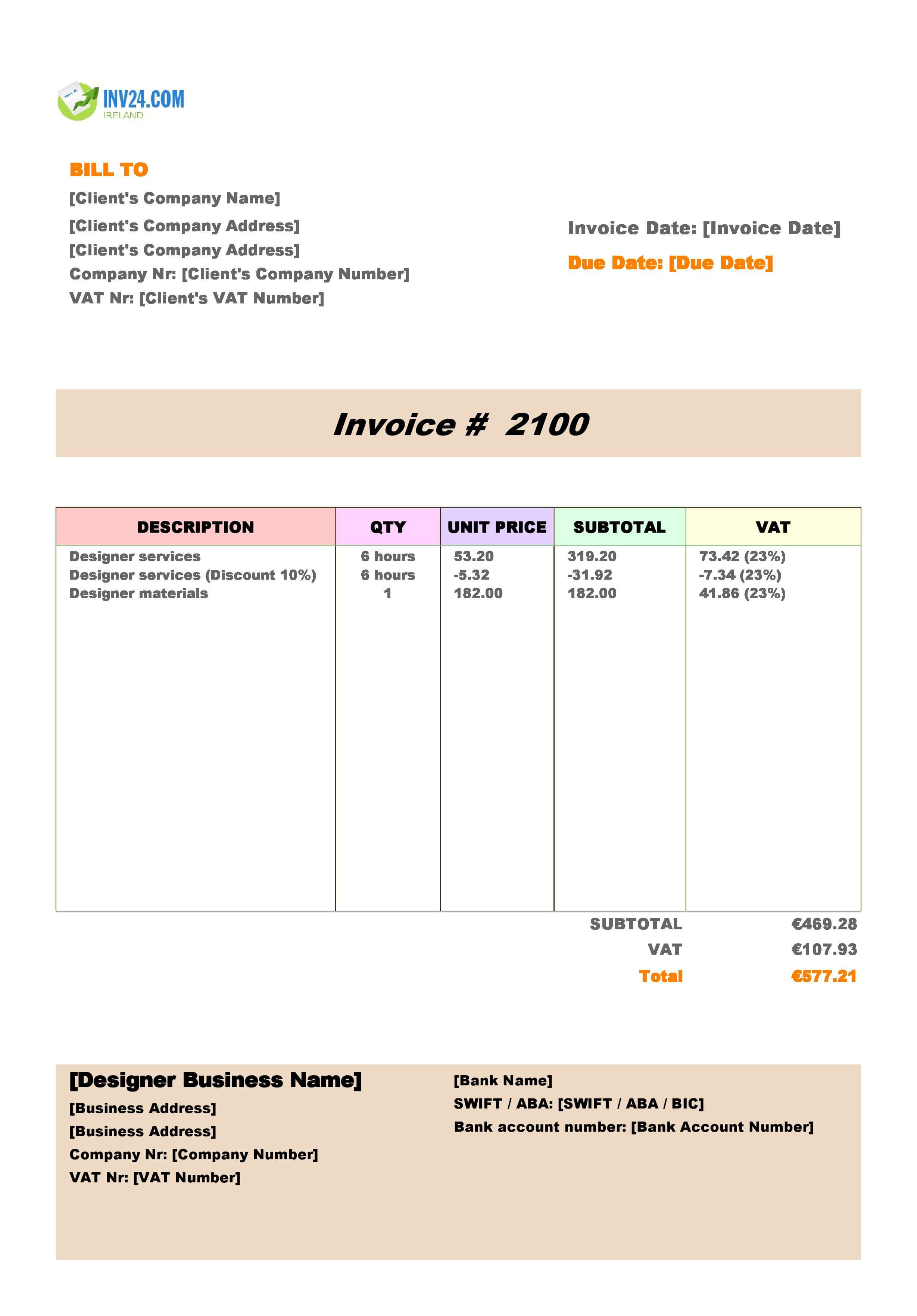 Designer Invoice Template for Ireland (Excel / Google Sheets) Designer Invoice Template for Ireland (Excel / Google Sheets)